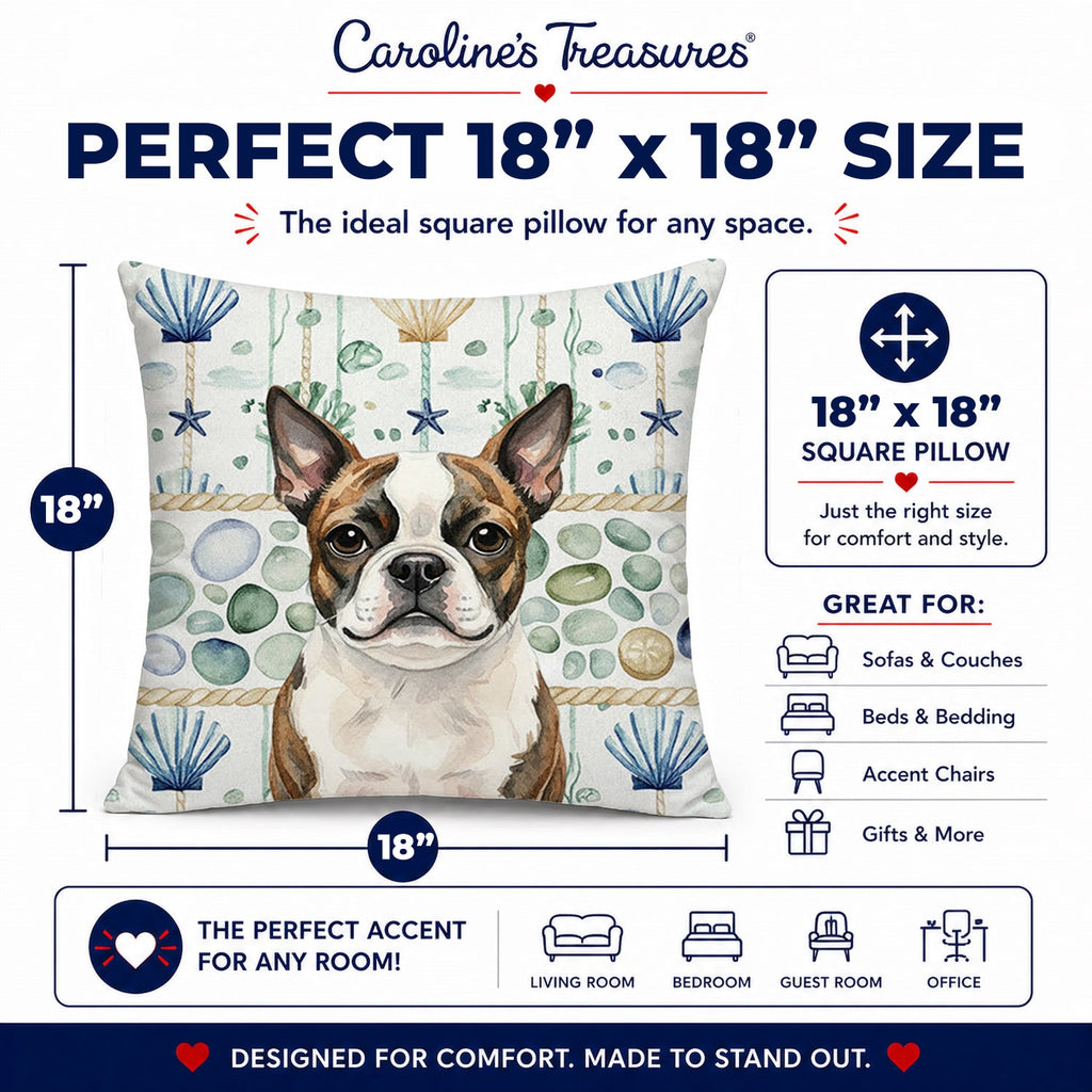 Brindle Boston Terrier Coastal Sea Glass Decorative Throw Pillow 18x18 Indoor Outdoor Accent Cushion, Fabric Cover with Insert for Sofa, Bed, Porch & Living Room