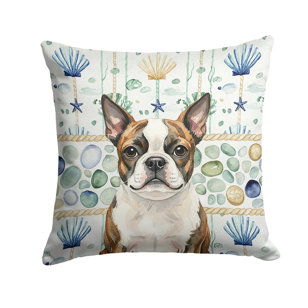 Brindle Boston Terrier Coastal Sea Glass Decorative Throw Pillow 18x18 Indoor Outdoor Accent Cushion, Fabric Cover with Insert for Sofa, Bed, Porch & Living Room