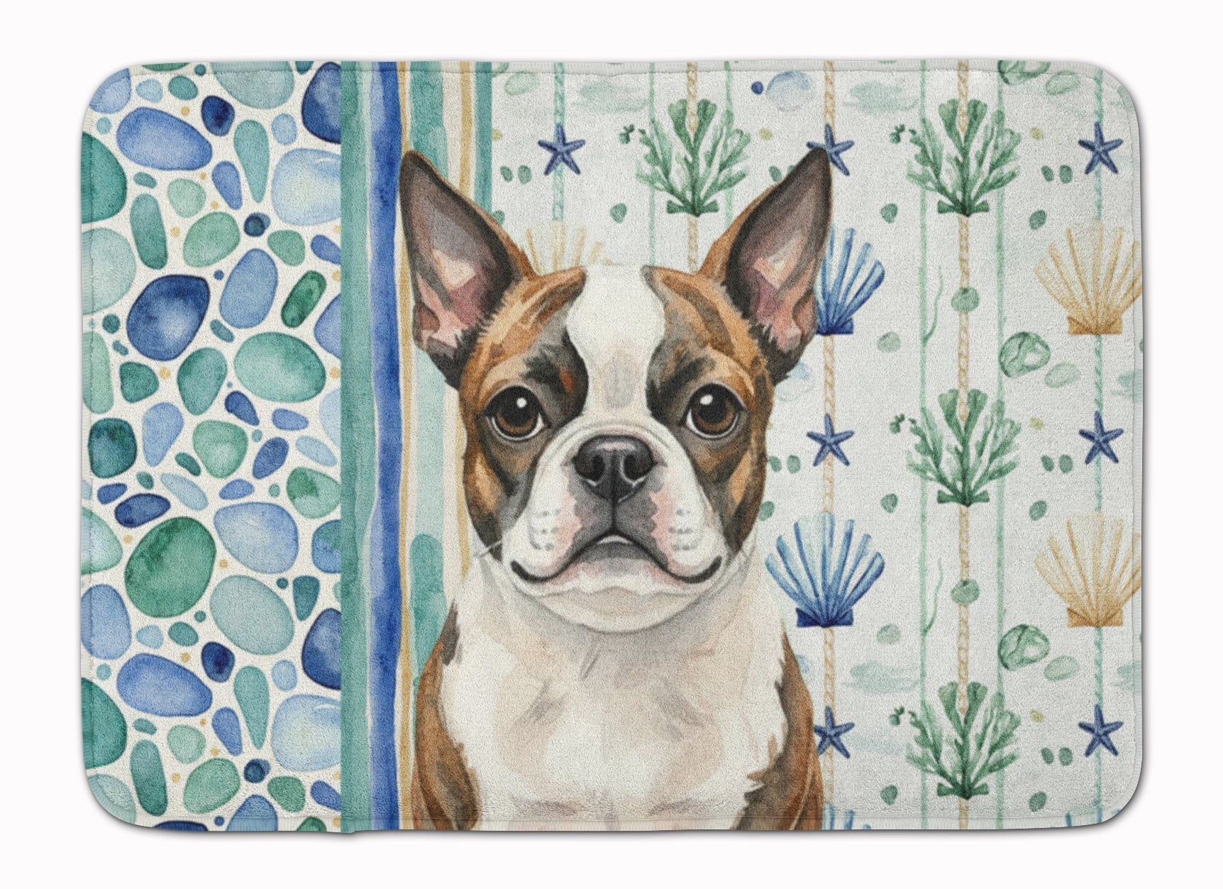 Brindle Boston Terrier Coastal Sea Glass Memory Foam Kitchen Mat Machine Washable Anti-Fatigue Cushion Comfort Bath or Kitchen Rug