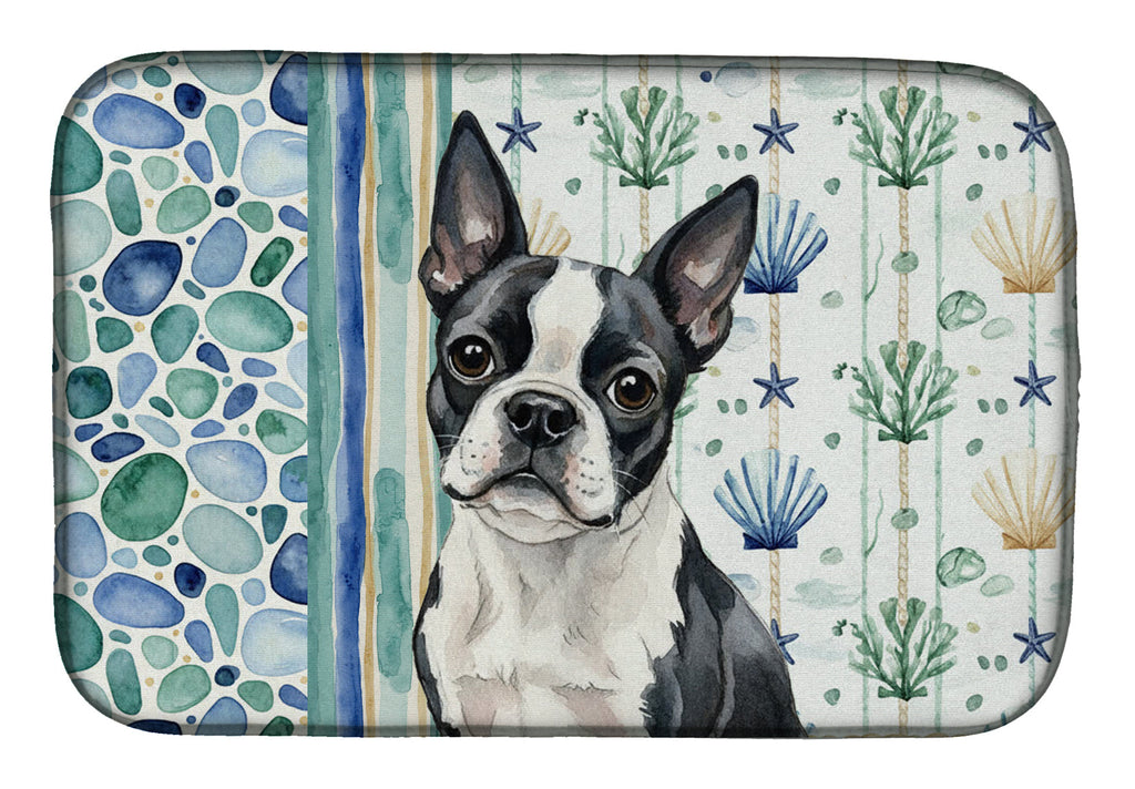 Boston Terrier Coastal Sea Glass Dish Drying Mat Absorbent Dish Drying Mat Pad for Kitchen Counter Dish Drainer Mat for Countertop, 14 x 21", Multicolor