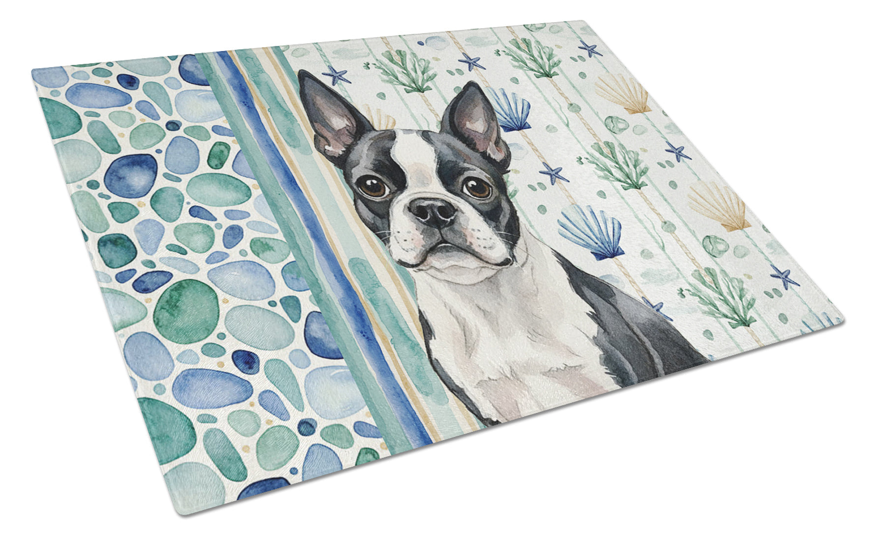 Boston Terrier Coastal Sea Glass Cutting Board Tempered Glass Kitchen Cutting Surface, Heat Resistant Chopping, Non-Slip Feet, Food Prep & Serving