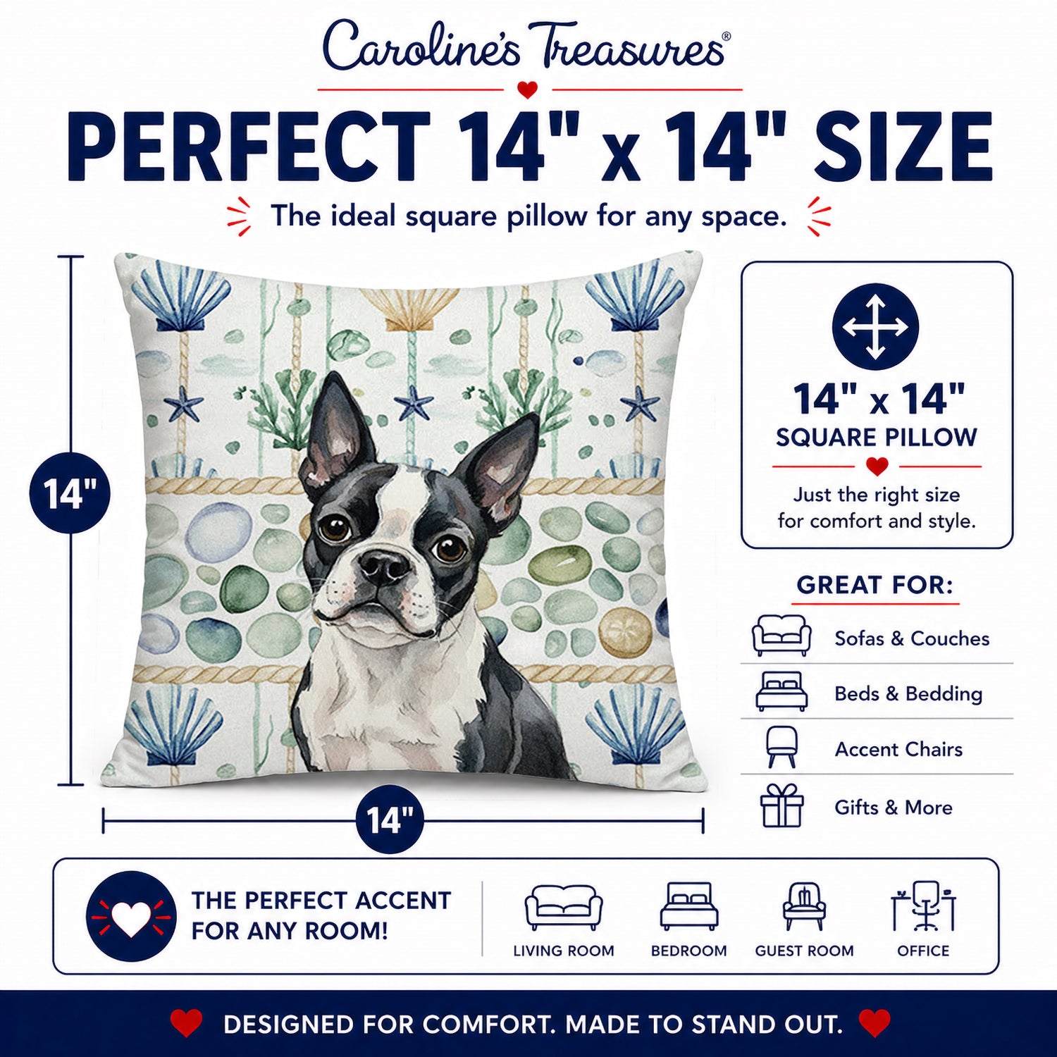 Boston Terrier Coastal Sea Glass Decorative Throw Pillow 14x14 Indoor Outdoor Accent Cushion, Fabric Cover with Insert for Sofa, Bed, Porch & Living Room