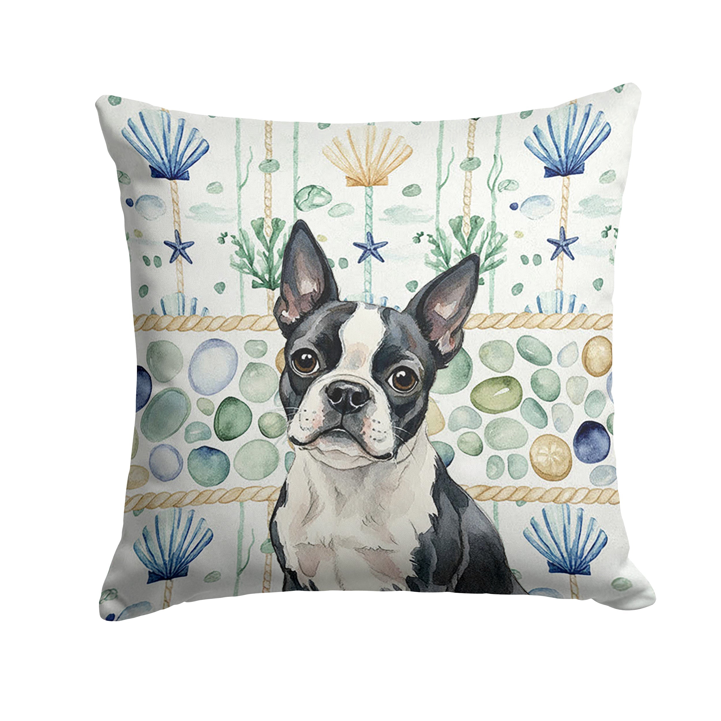 Boston Terrier Coastal Sea Glass Decorative Throw Pillow 14x14 Indoor Outdoor Accent Cushion, Fabric Cover with Insert for Sofa, Bed, Porch & Living Room