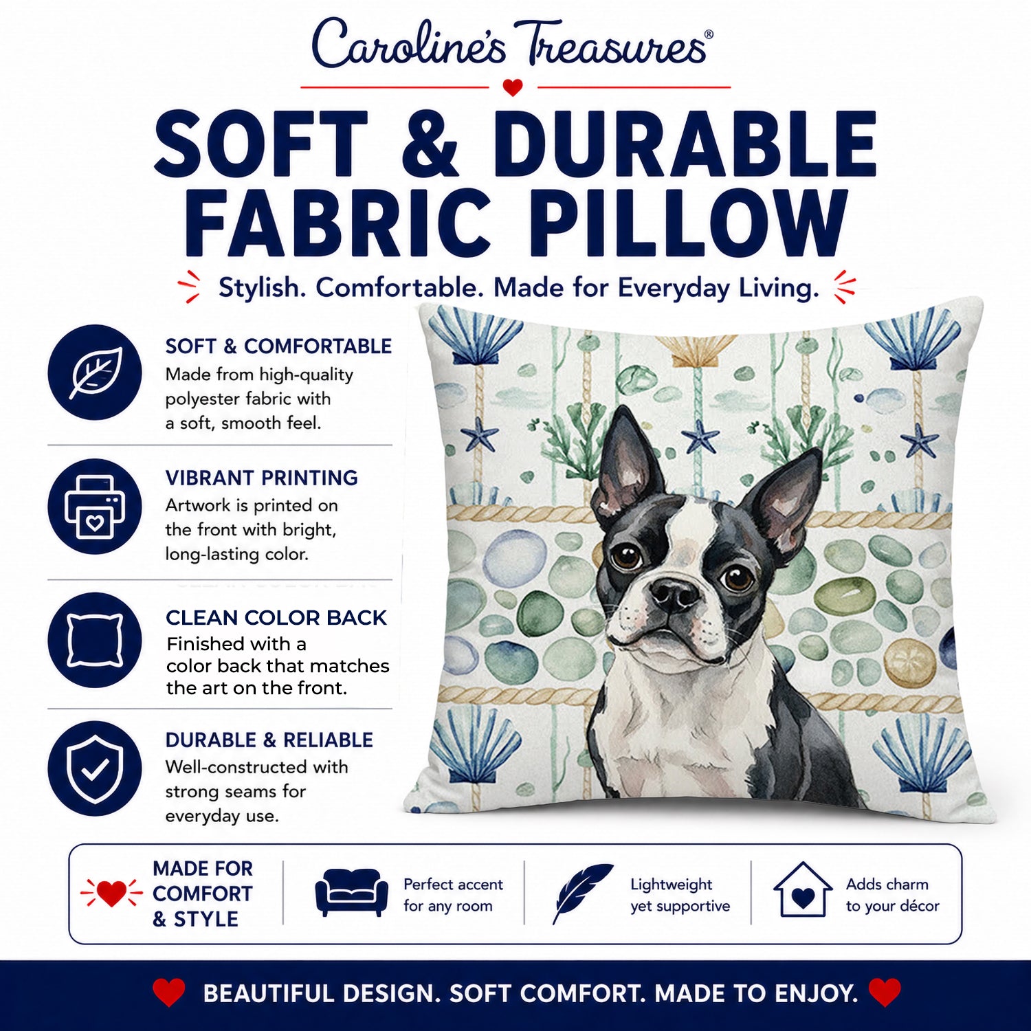 Boston Terrier Coastal Sea Glass Decorative Throw Pillow 18x18 Indoor Outdoor Accent Cushion, Fabric Cover with Insert for Sofa, Bed, Porch & Living Room
