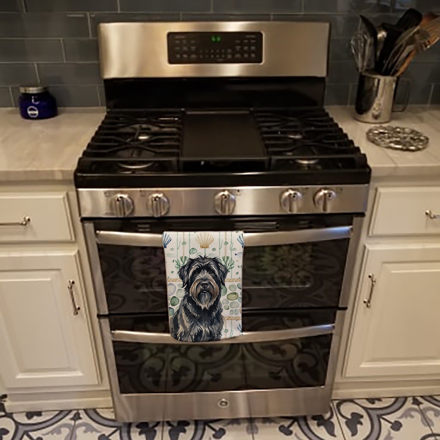 Bouvier des Flandres Coastal Sea Glass Kitchen Towel Velour Plush Front and Cotton Loop Back Machine Washable