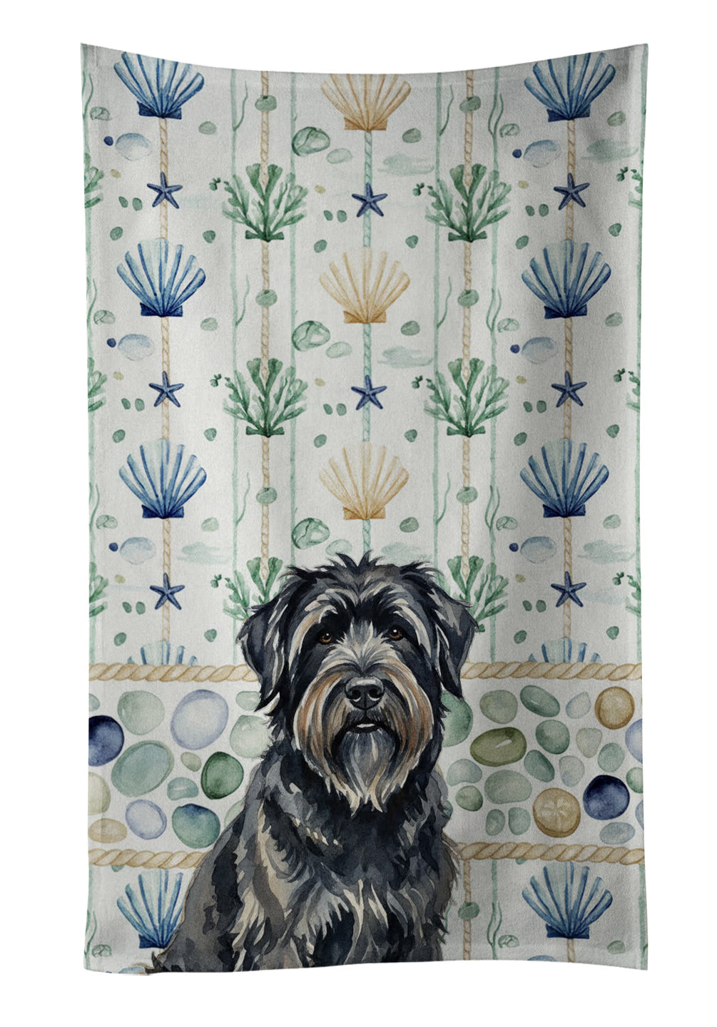 Bouvier des Flandres Coastal Sea Glass Kitchen Towel Velour Plush Front and Cotton Loop Back Machine Washable