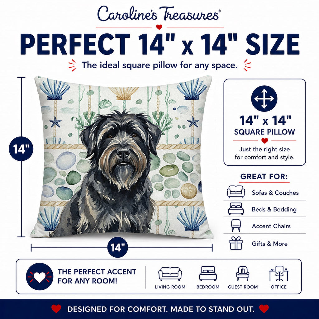 Bouvier des Flandres Coastal Sea Glass Decorative Throw Pillow 14x14 Indoor Outdoor Accent Cushion, Fabric Cover with Insert for Sofa, Bed, Porch & Living Room