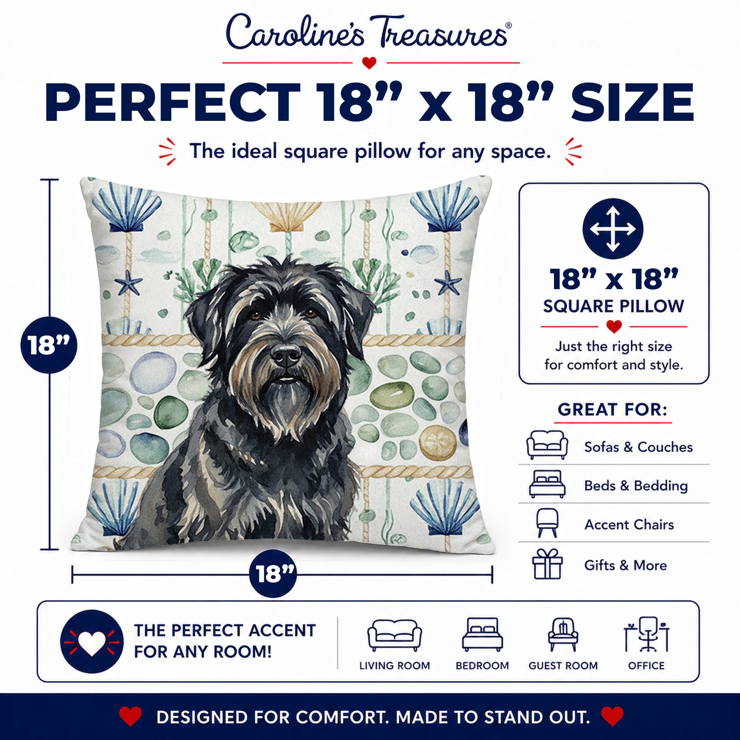 Bouvier des Flandres Coastal Sea Glass Decorative Throw Pillow 18x18 Indoor Outdoor Accent Cushion, Fabric Cover with Insert for Sofa, Bed, Porch & Living Room