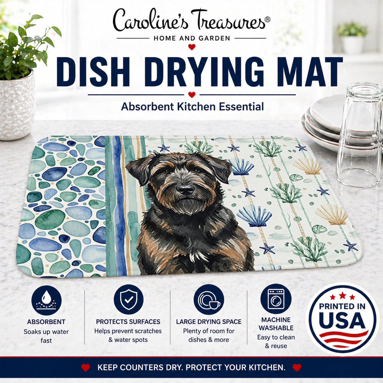 Brindle Bouvier des Flandres Coastal Sea Glass Dish Drying Mat Absorbent Dish Drying Mat Pad for Kitchen Counter Dish Drainer Mat for Countertop, 14 x 21", Multicolor