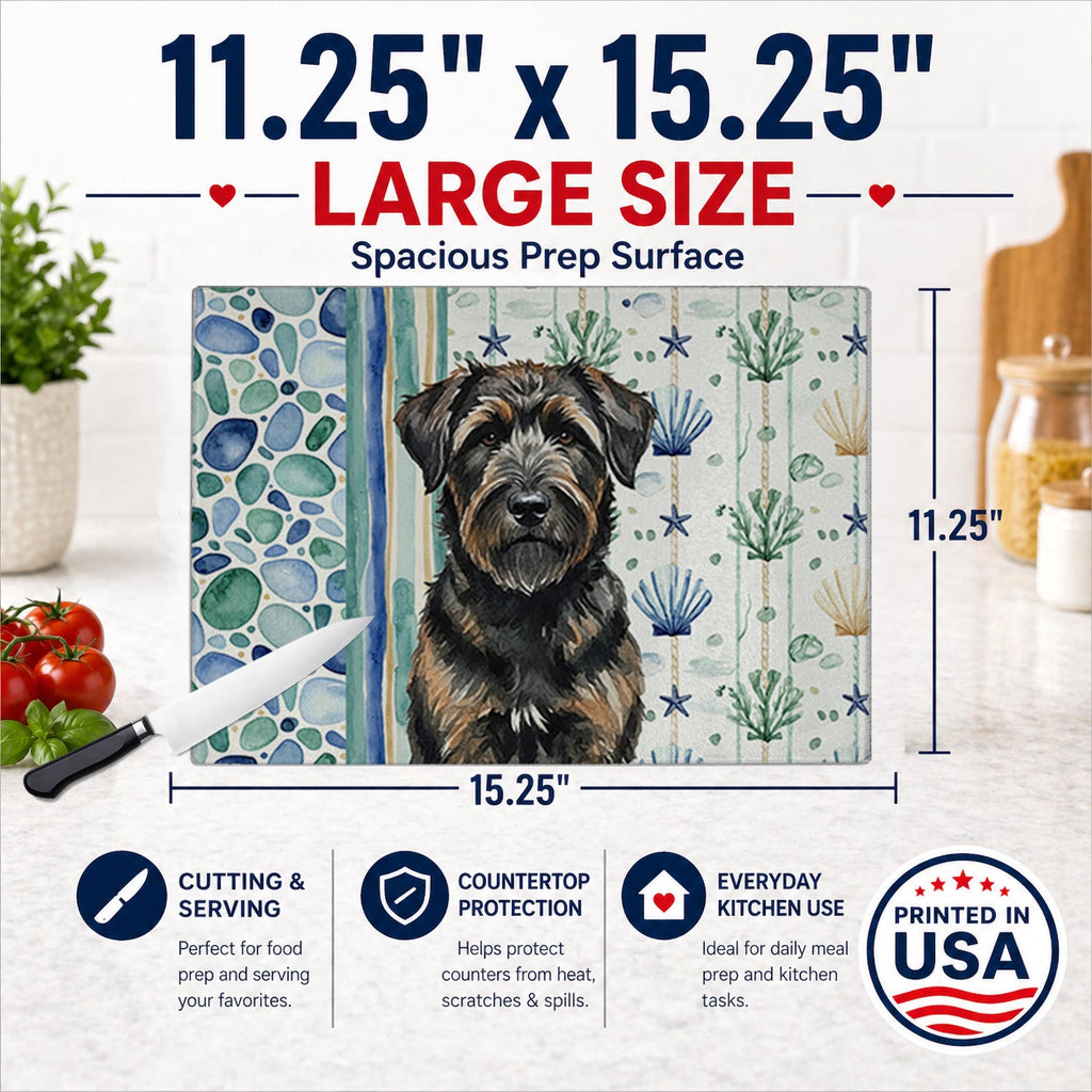 Brindle Bouvier des Flandres Coastal Sea Glass Cutting Board Tempered Glass Kitchen Cutting Surface, Heat Resistant Chopping, Non-Slip Feet, Food Prep & Serving