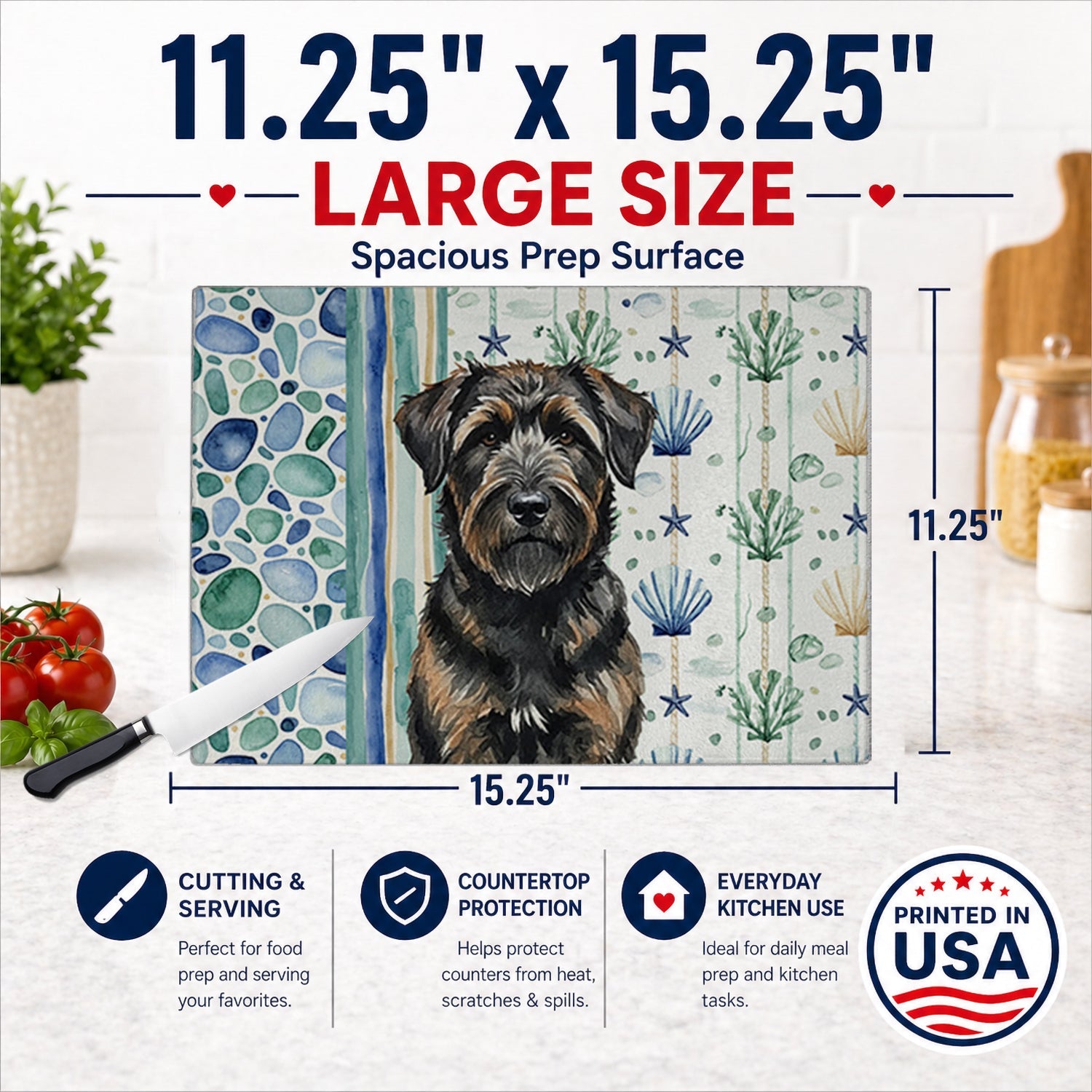 Brindle Bouvier des Flandres Coastal Sea Glass Cutting Board Tempered Glass Kitchen Cutting Surface, Heat Resistant Chopping, Non-Slip Feet, Food Prep & Serving