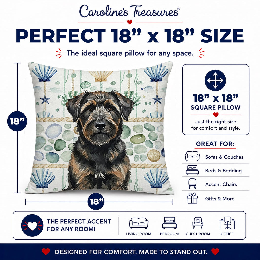 Brindle Bouvier des Flandres Coastal Sea Glass Decorative Throw Pillow 18x18 Indoor Outdoor Accent Cushion, Fabric Cover with Insert for Sofa, Bed, Porch & Living Room