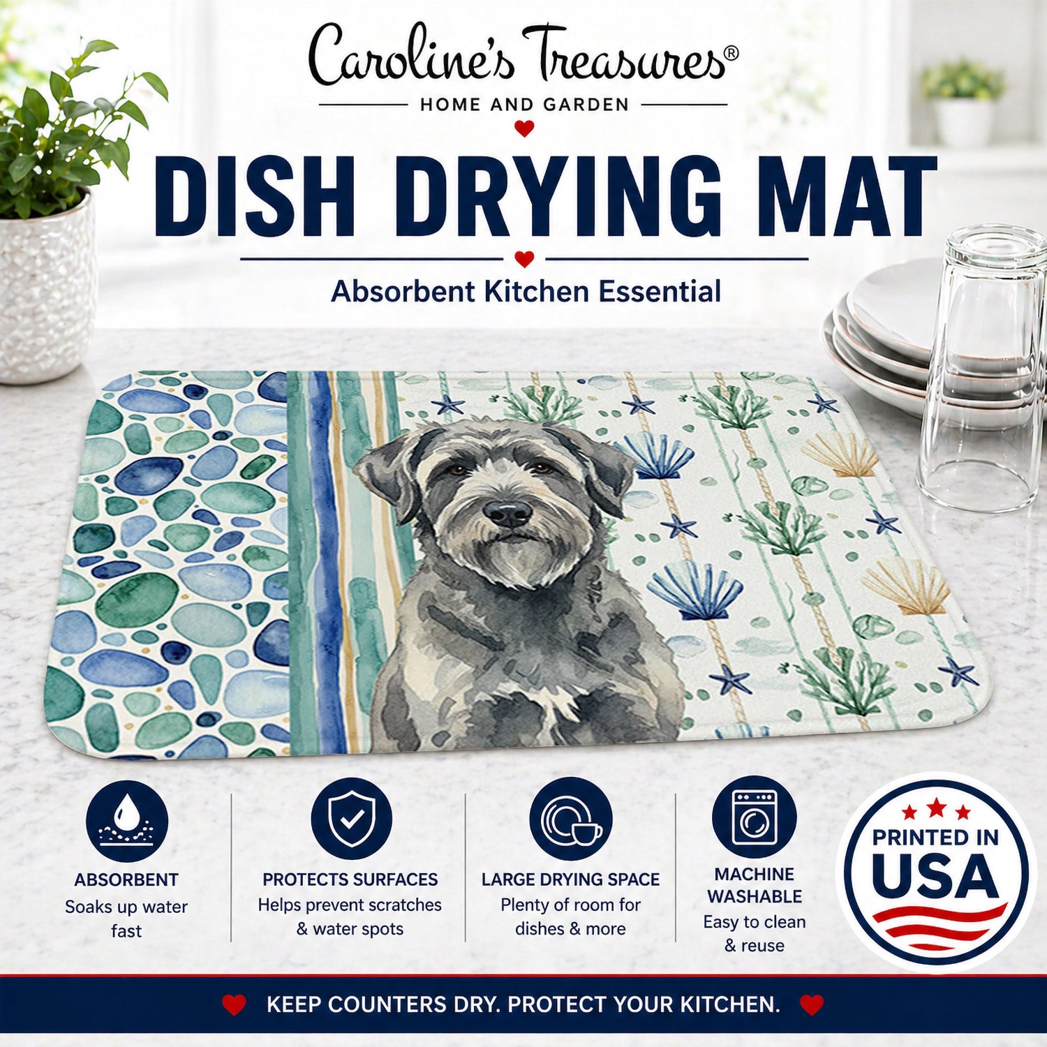 Gray Bouvier des Flandres Coastal Sea Glass Dish Drying Mat Absorbent Dish Drying Mat Pad for Kitchen Counter Dish Drainer Mat for Countertop, 14 x 21", Multicolor