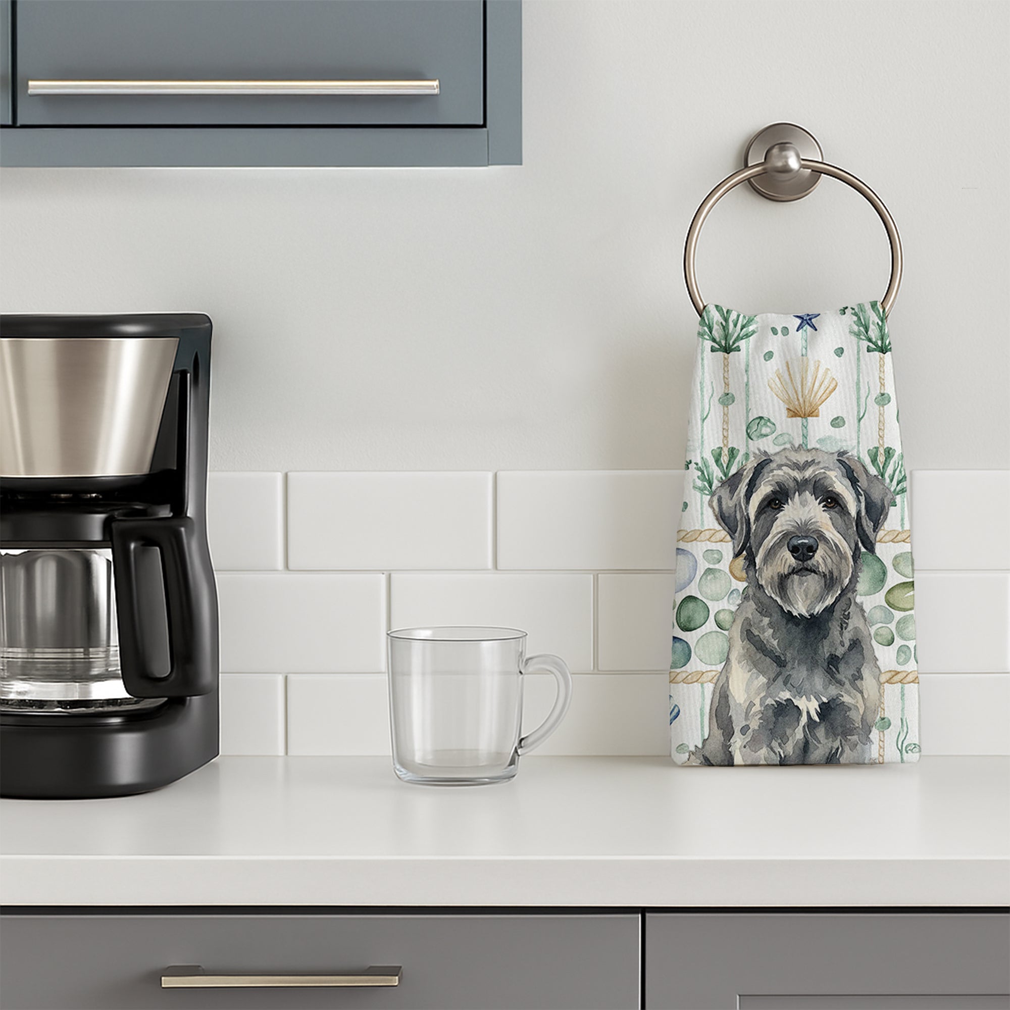 Gray Bouvier des Flandres Coastal Sea Glass Kitchen Towel Velour Plush Front and Cotton Loop Back Machine Washable