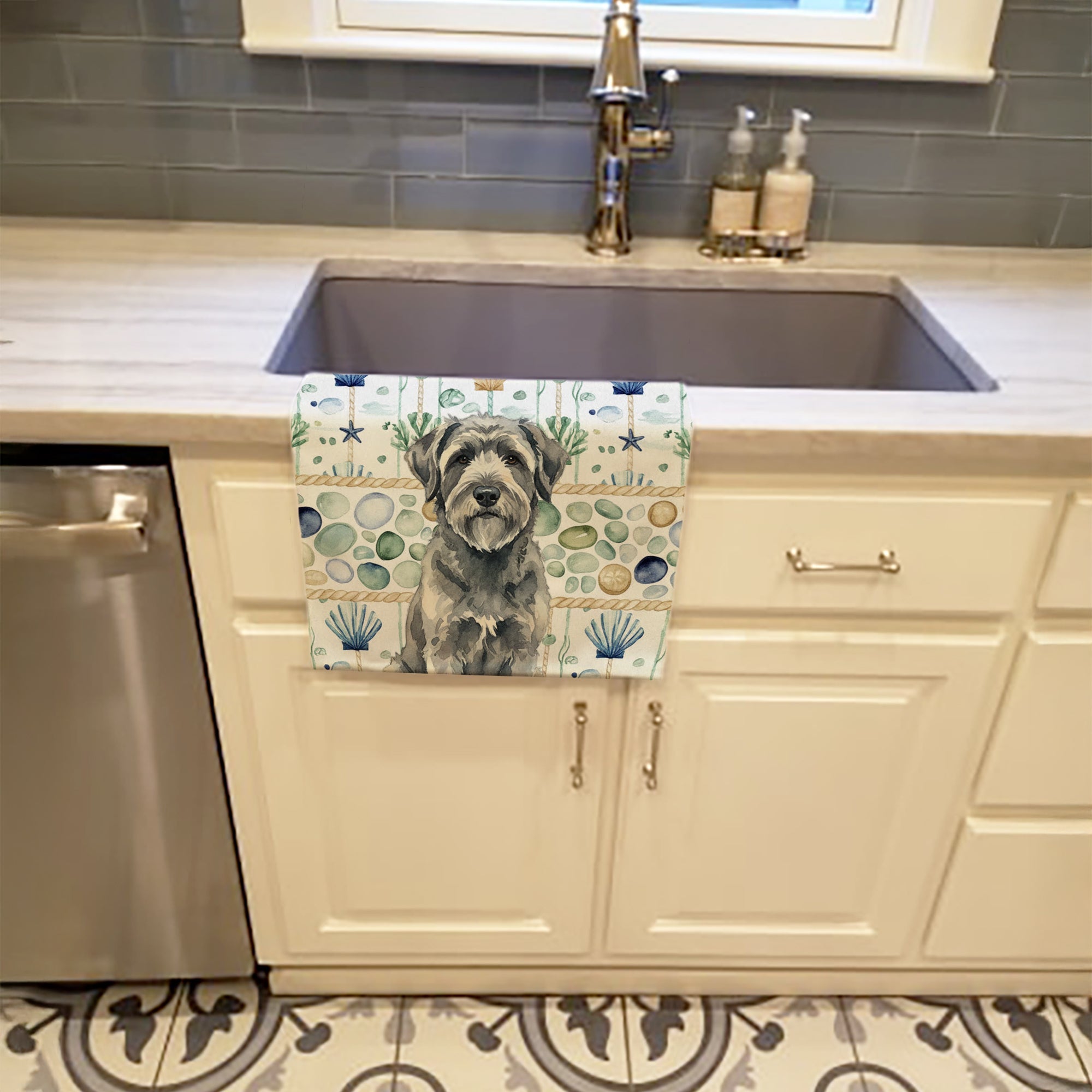 Gray Bouvier des Flandres Coastal Sea Glass Kitchen Towel Velour Plush Front and Cotton Loop Back Machine Washable