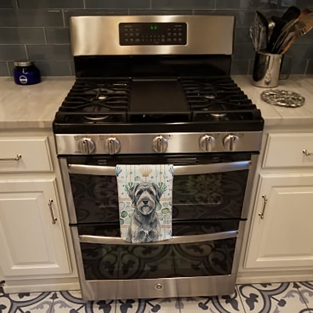 Gray Bouvier des Flandres Coastal Sea Glass Kitchen Towel Velour Plush Front and Cotton Loop Back Machine Washable