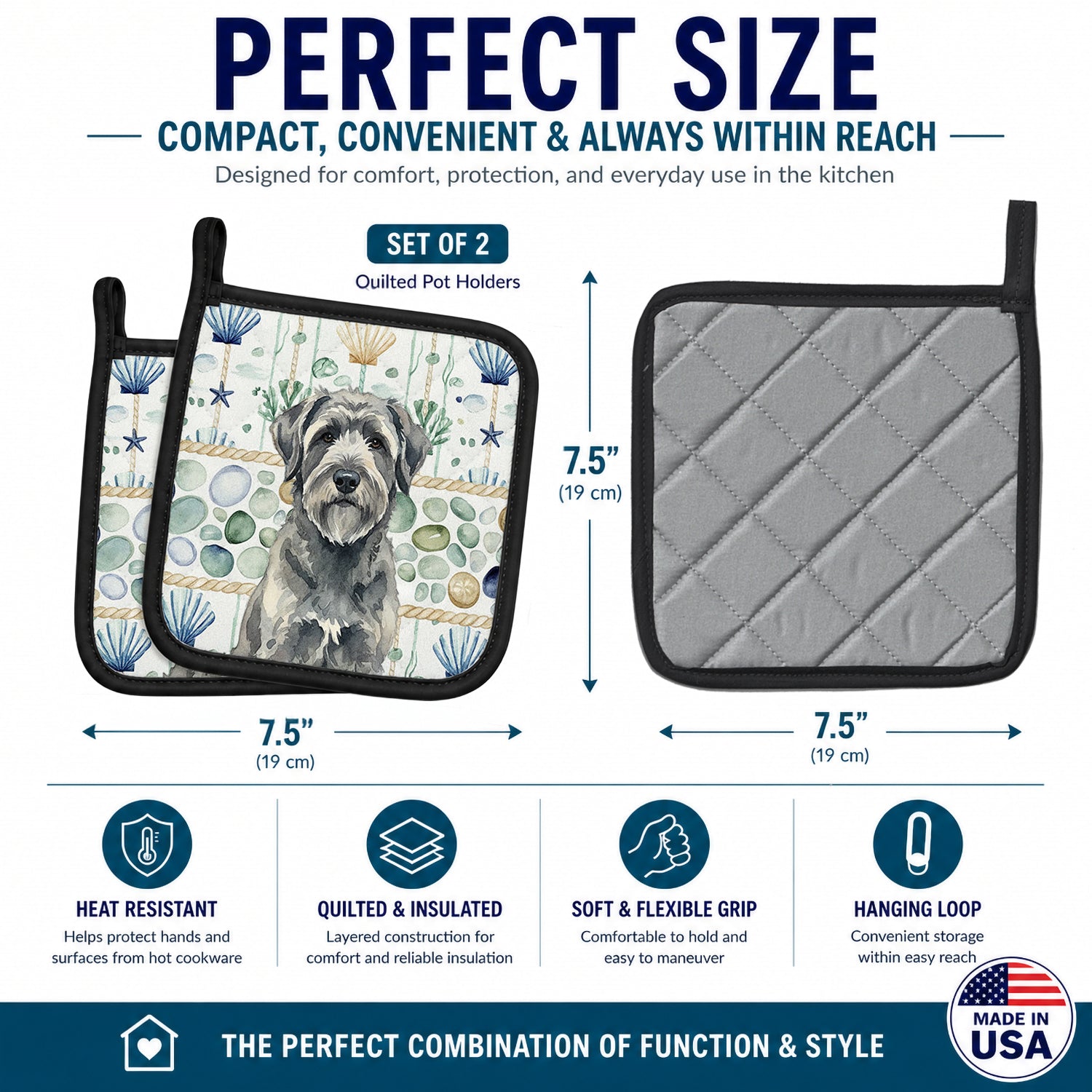 Gray Bouvier des Flandres Coastal Sea Glass Pot Holder Set of 2 Heat Resistant Quilted Hot Pads 7.5 x 7.5 Inch, Insulated Kitchen Trivets for Cooking & Baking
