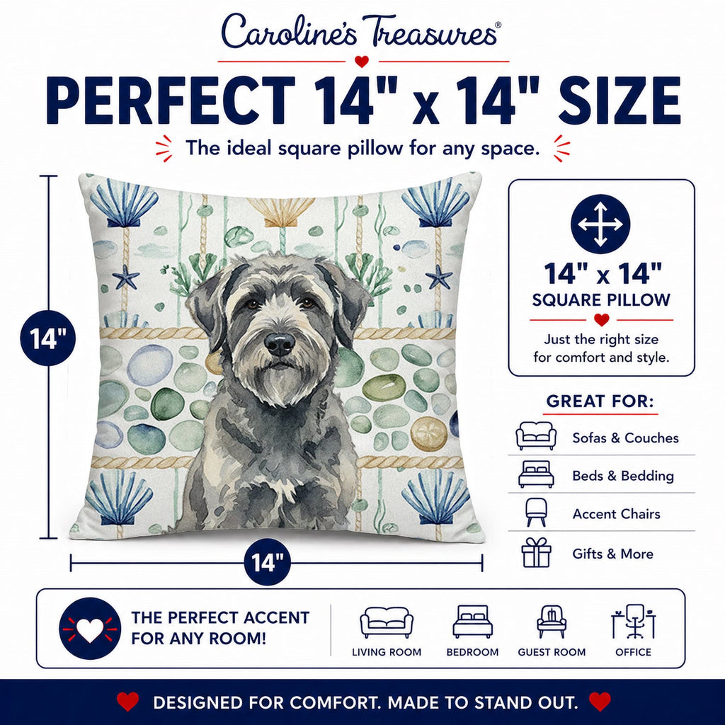 Gray Bouvier des Flandres Coastal Sea Glass Decorative Throw Pillow 14x14 Indoor Outdoor Accent Cushion, Fabric Cover with Insert for Sofa, Bed, Porch & Living Room