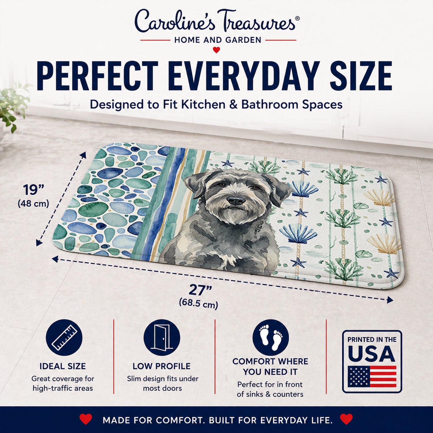Gray Bouvier des Flandres Coastal Sea Glass Memory Foam Kitchen Mat Machine Washable Anti-Fatigue Cushion Comfort Bath or Kitchen Rug