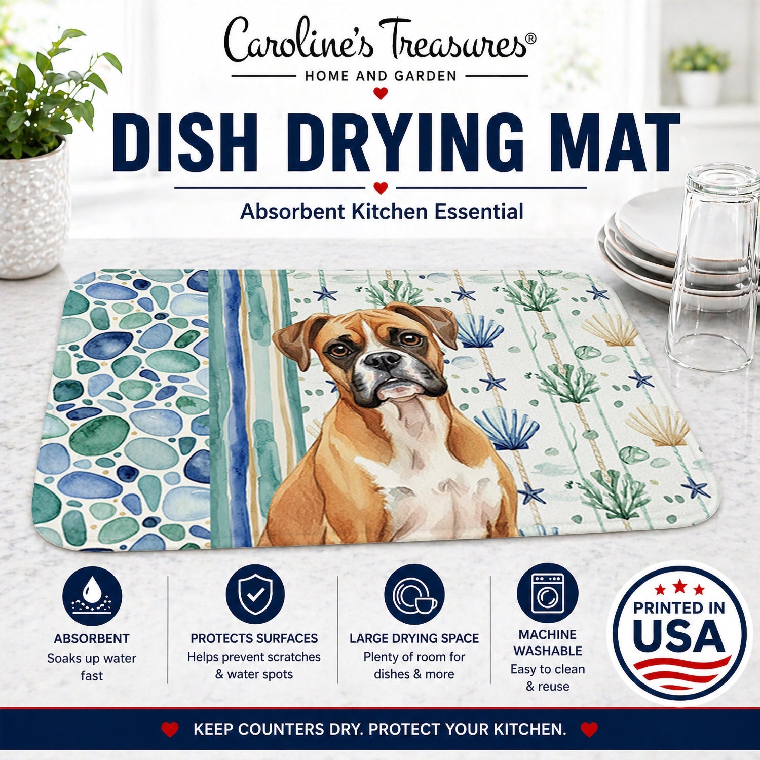 Boxer Coastal Sea Glass Dish Drying Mat Absorbent Dish Drying Mat Pad for Kitchen Counter Dish Drainer Mat for Countertop, 14 x 21", Multicolor