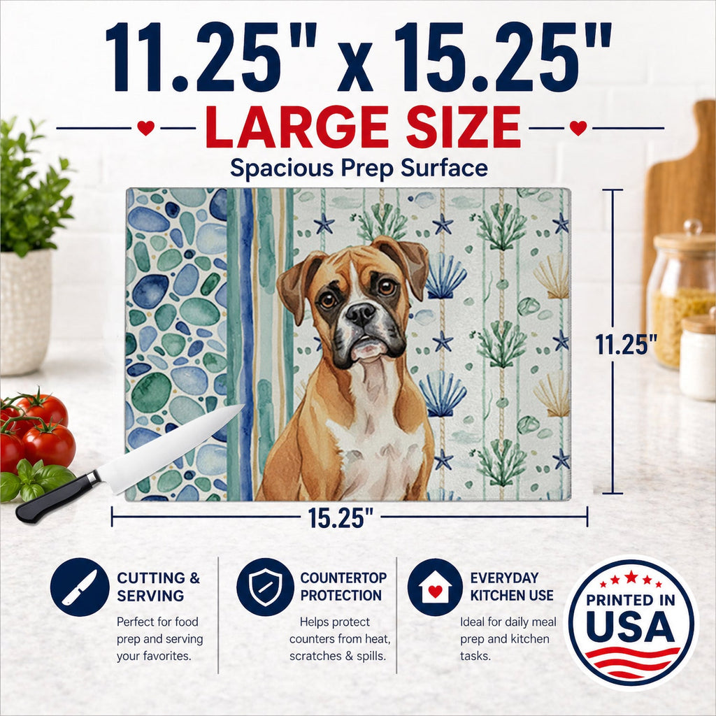 Boxer Coastal Sea Glass Cutting Board Tempered Glass Kitchen Cutting Surface, Heat Resistant Chopping, Non-Slip Feet, Food Prep & Serving