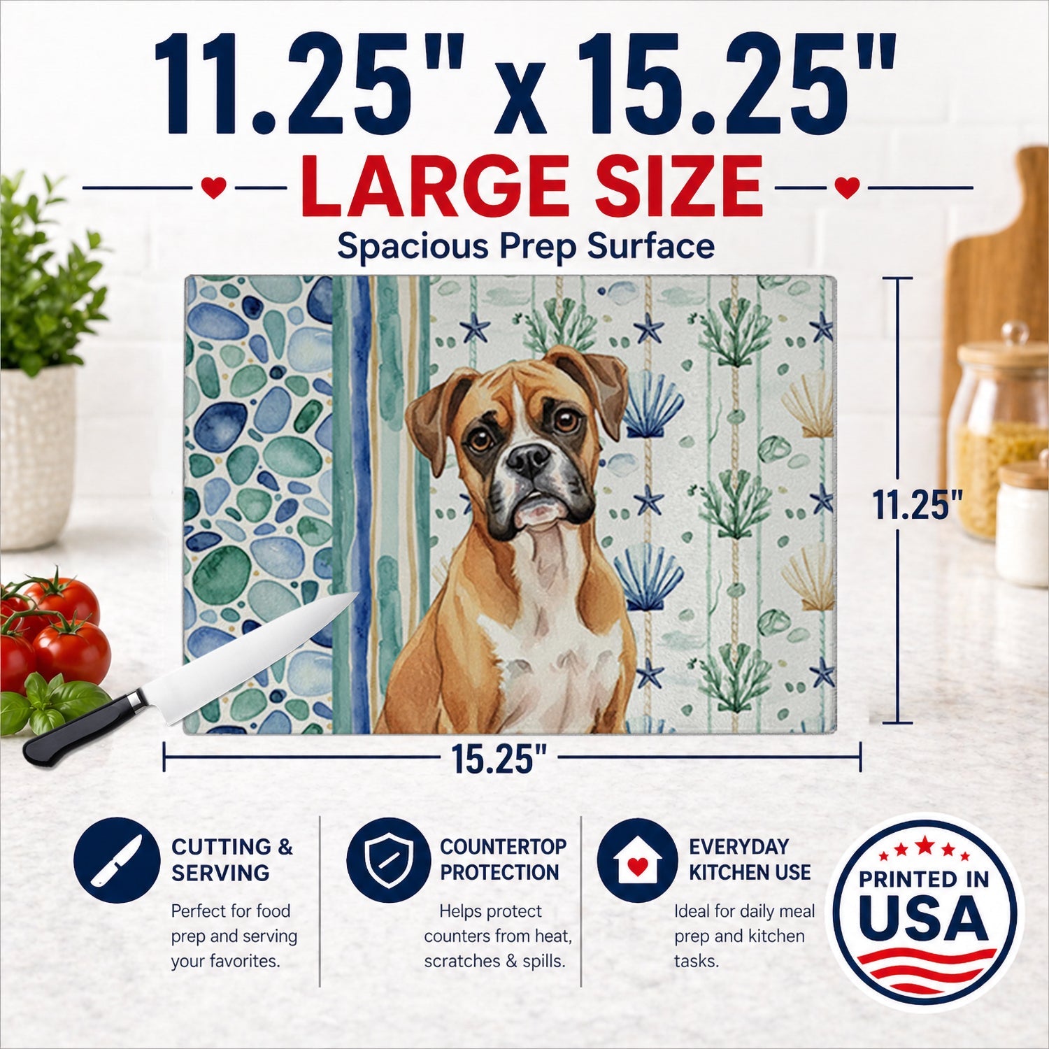 Boxer Coastal Sea Glass Cutting Board Tempered Glass Kitchen Cutting Surface, Heat Resistant Chopping, Non-Slip Feet, Food Prep & Serving