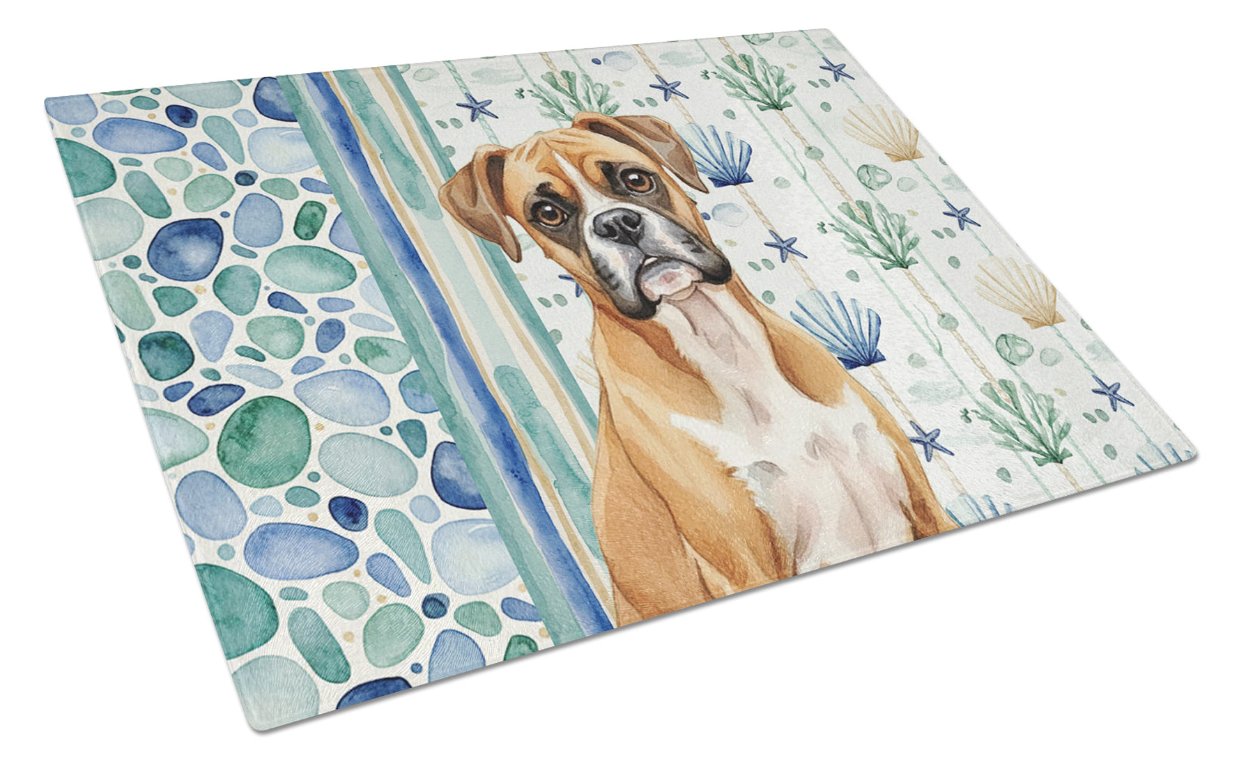 Boxer Coastal Sea Glass Cutting Board Tempered Glass Kitchen Cutting Surface, Heat Resistant Chopping, Non-Slip Feet, Food Prep & Serving