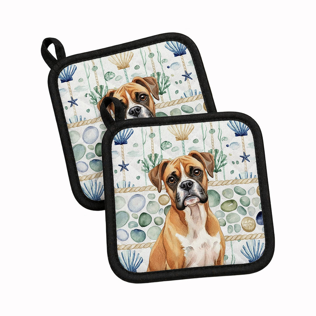 Boxer Coastal Sea Glass Pot Holder Set of 2 Heat Resistant Quilted Hot Pads 7.5 x 7.5 Inch, Insulated Kitchen Trivets for Cooking & Baking