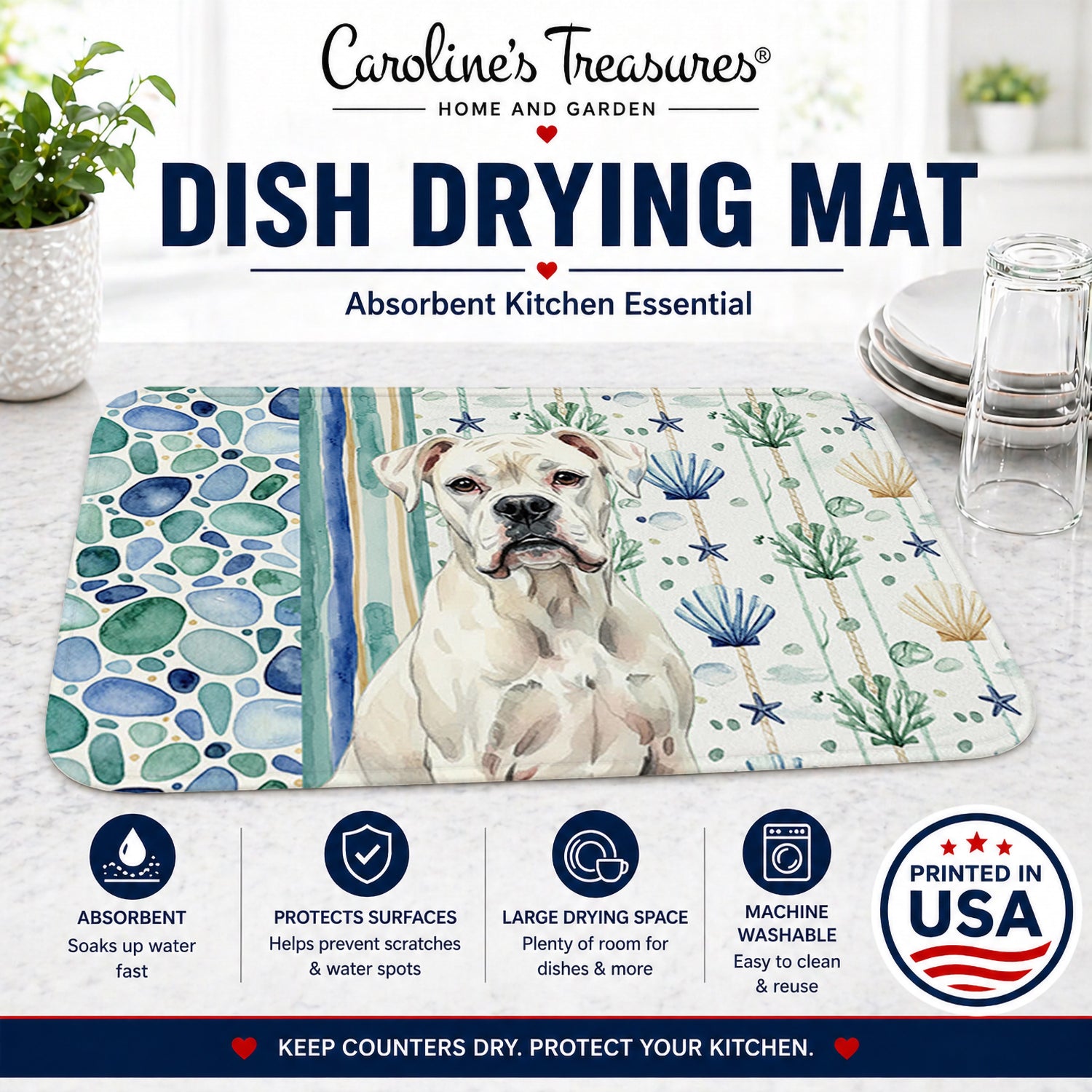White Boxer Coastal Sea Glass Dish Drying Mat Absorbent Dish Drying Mat Pad for Kitchen Counter Dish Drainer Mat for Countertop, 14 x 21", Multicolor