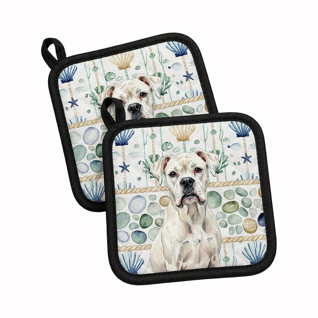 White Boxer Coastal Sea Glass Pot Holder Set of 2 Heat Resistant Quilted Hot Pads 7.5 x 7.5 Inch, Insulated Kitchen Trivets for Cooking & Baking