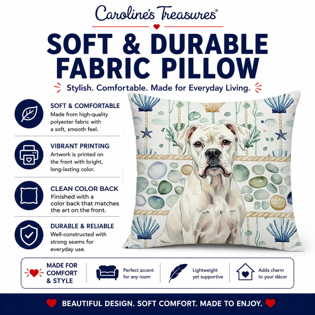 White Boxer Coastal Sea Glass Decorative Throw Pillow 14x14 Indoor Outdoor Accent Cushion, Fabric Cover with Insert for Sofa, Bed, Porch & Living Room