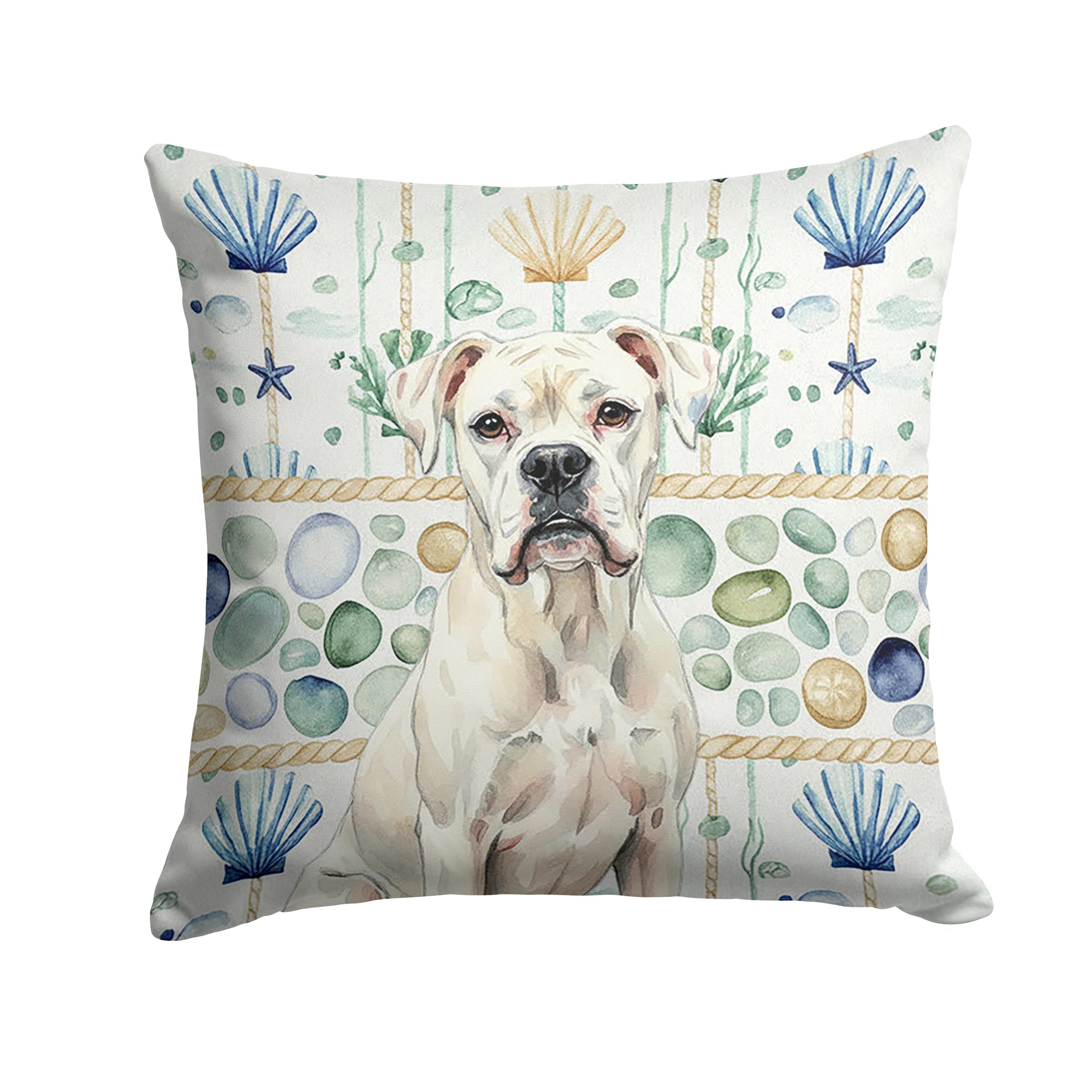 White Boxer Coastal Sea Glass Decorative Throw Pillow 18x18 Indoor Outdoor Accent Cushion, Fabric Cover with Insert for Sofa, Bed, Porch & Living Room