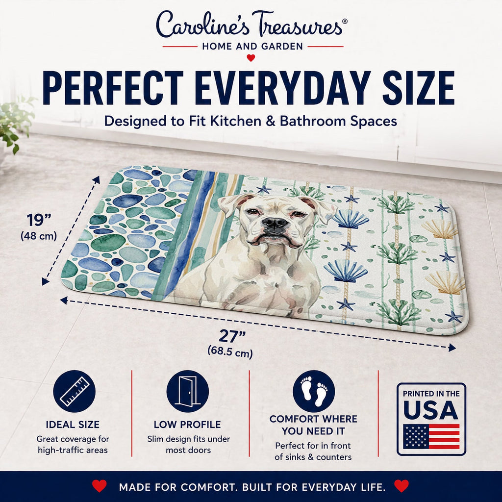 White Boxer Coastal Sea Glass Memory Foam Kitchen Mat Machine Washable Anti-Fatigue Cushion Comfort Bath or Kitchen Rug