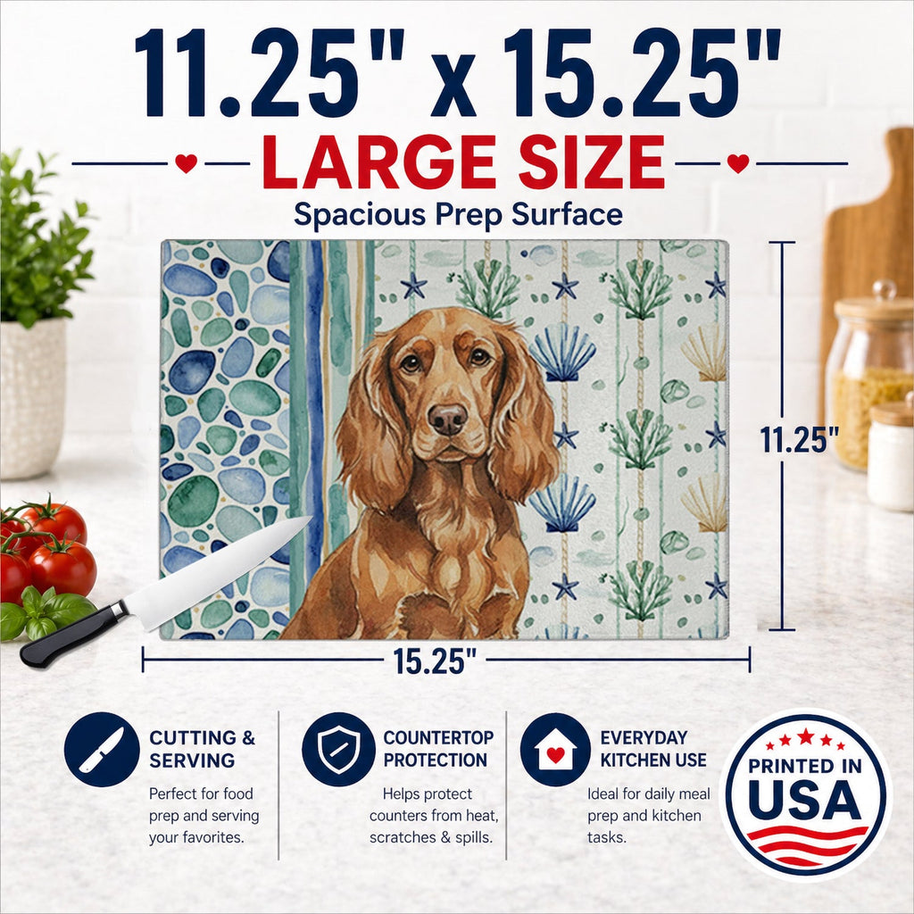 Boykin Spaniel Coastal Sea Glass Cutting Board Tempered Glass Kitchen Cutting Surface, Heat Resistant Chopping, Non-Slip Feet, Food Prep & Serving