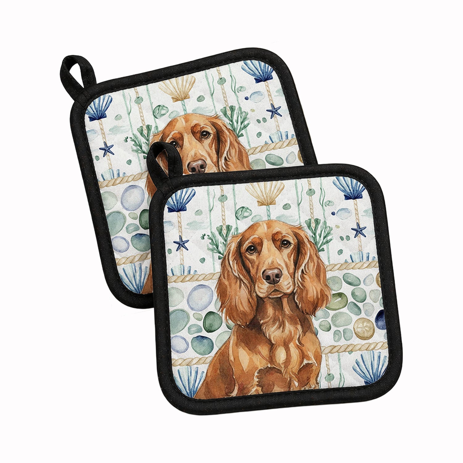 Boykin Spaniel Coastal Sea Glass Pot Holder Set of 2 Heat Resistant Quilted Hot Pads 7.5 x 7.5 Inch, Insulated Kitchen Trivets for Cooking & Baking