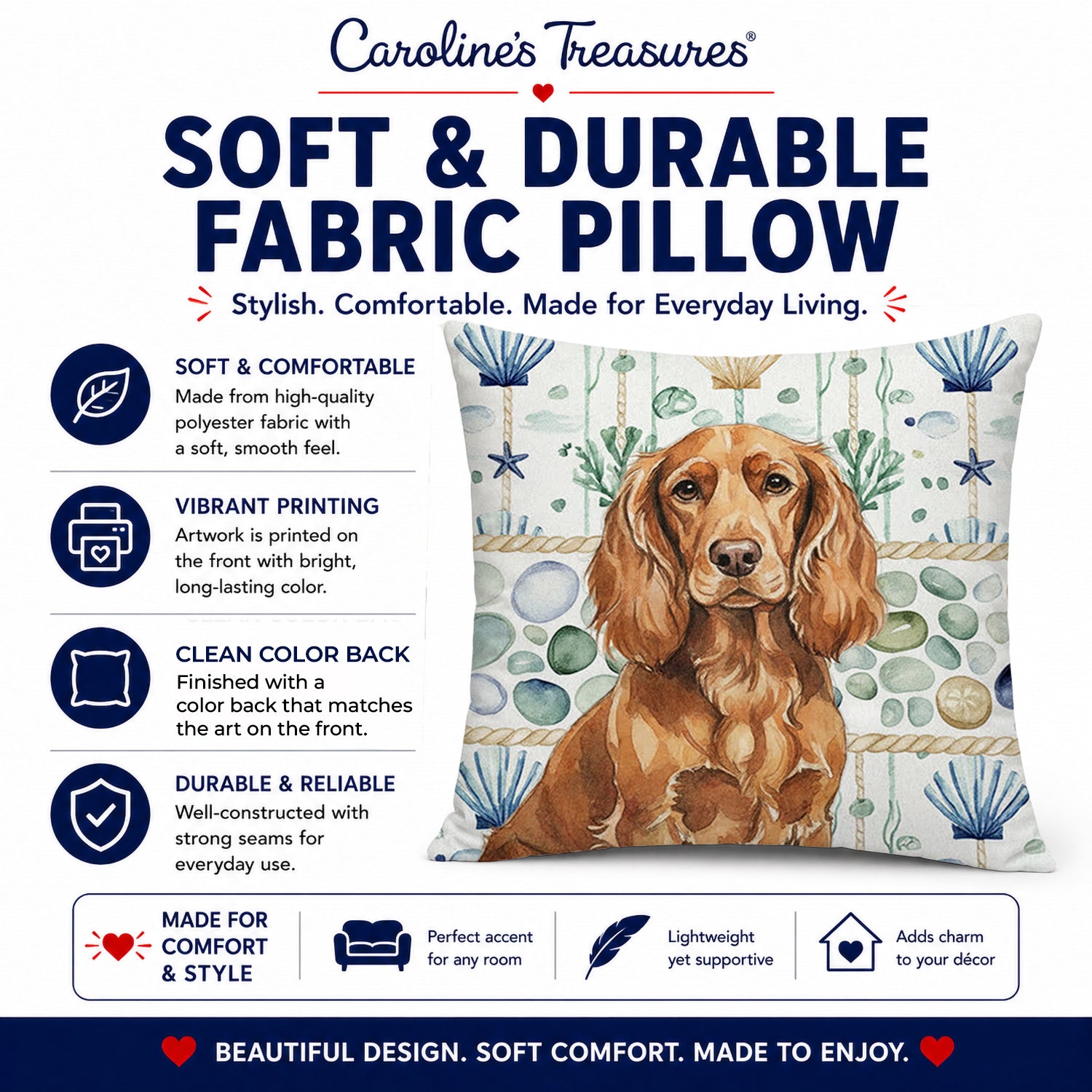 Boykin Spaniel Coastal Sea Glass Decorative Throw Pillow 14x14 Indoor Outdoor Accent Cushion, Fabric Cover with Insert for Sofa, Bed, Porch & Living Room
