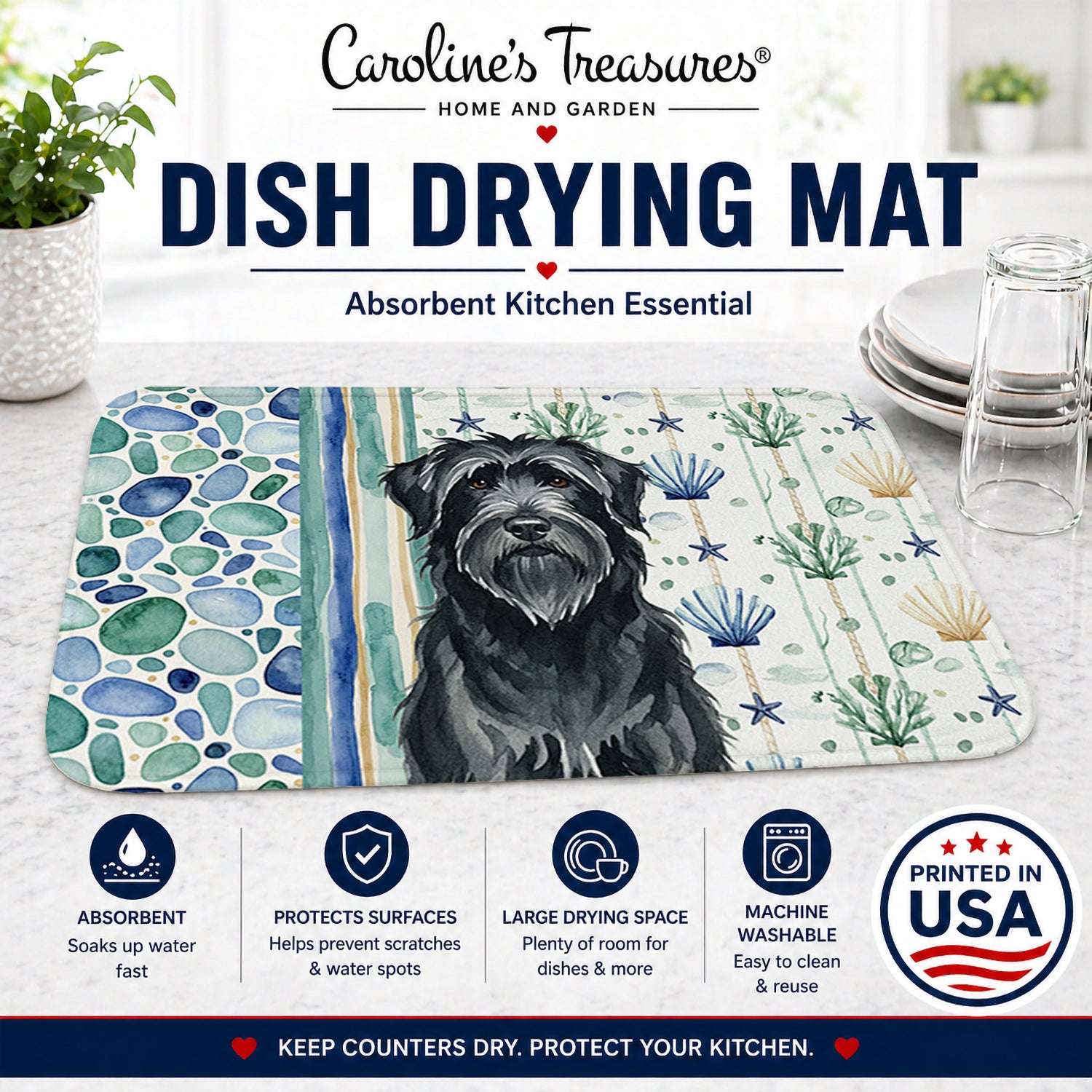 Black Briard Coastal Sea Glass Dish Drying Mat Absorbent Dish Drying Mat Pad for Kitchen Counter Dish Drainer Mat for Countertop, 14 x 21", Multicolor