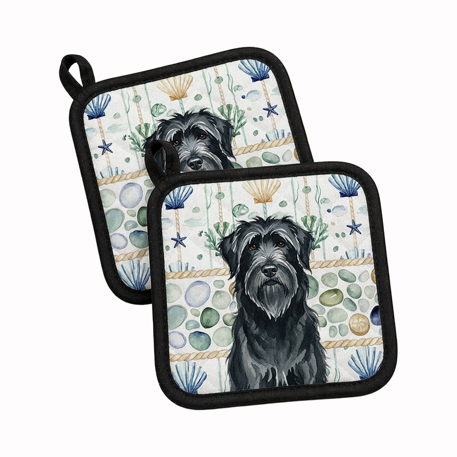Black Briard Coastal Sea Glass Pot Holder Set of 2 Heat Resistant Quilted Hot Pads 7.5 x 7.5 Inch, Insulated Kitchen Trivets for Cooking & Baking