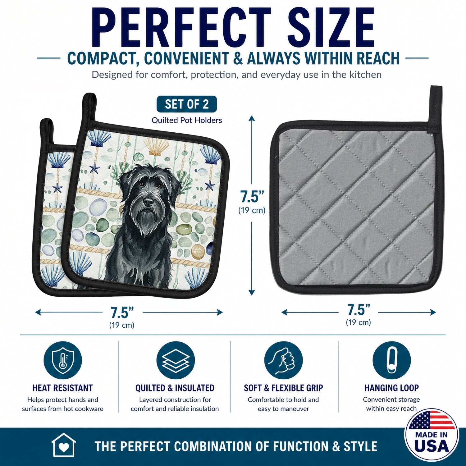 Black Briard Coastal Sea Glass Pot Holder Set of 2 Heat Resistant Quilted Hot Pads 7.5 x 7.5 Inch, Insulated Kitchen Trivets for Cooking & Baking