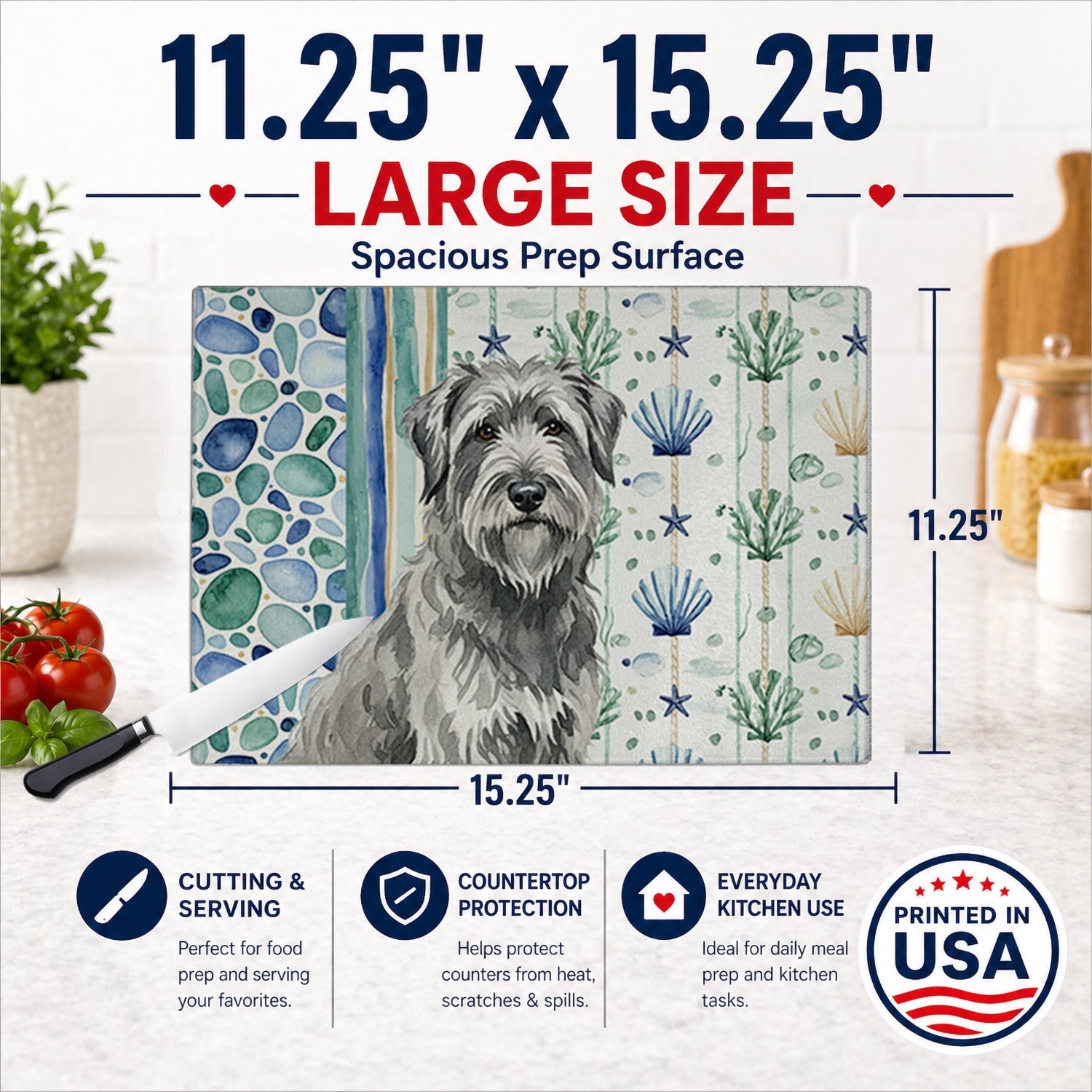 Gray Briard Coastal Sea Glass Cutting Board Tempered Glass Kitchen Cutting Surface, Heat Resistant Chopping, Non-Slip Feet, Food Prep & Serving
