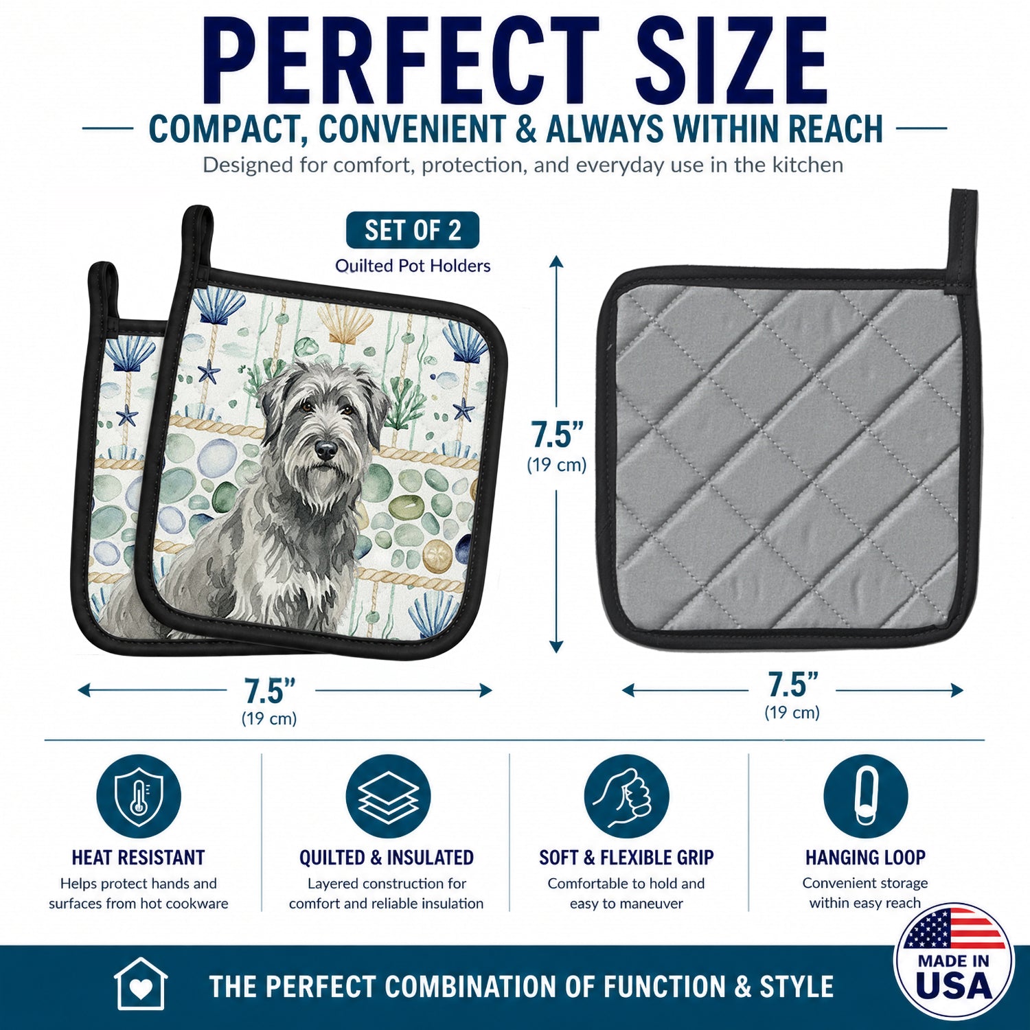 Gray Briard Coastal Sea Glass Pot Holder Set of 2 Heat Resistant Quilted Hot Pads 7.5 x 7.5 Inch, Insulated Kitchen Trivets for Cooking & Baking