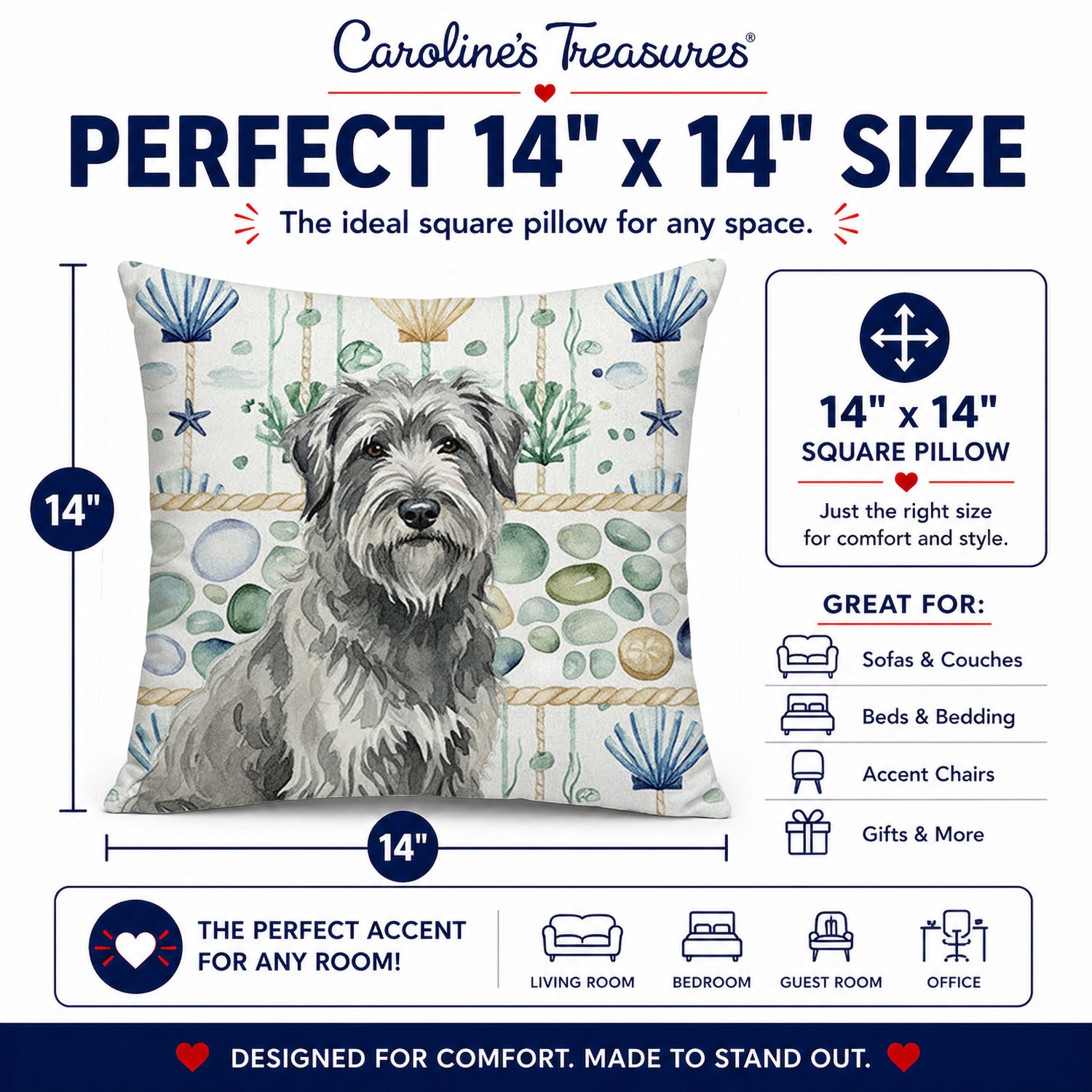 Gray Briard Coastal Sea Glass Decorative Throw Pillow 14x14 Indoor Outdoor Accent Cushion, Fabric Cover with Insert for Sofa, Bed, Porch & Living Room