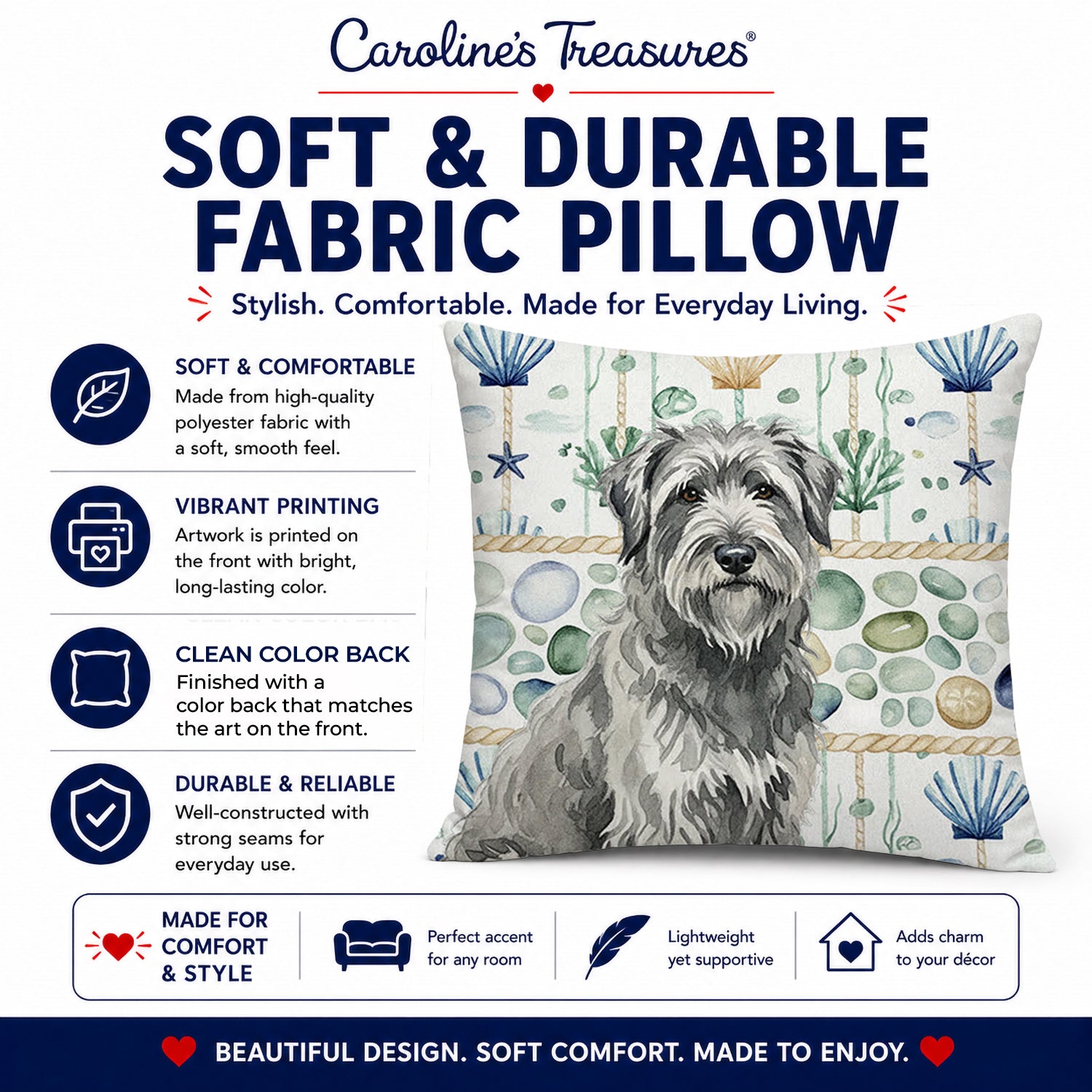 Gray Briard Coastal Sea Glass Decorative Throw Pillow 18x18 Indoor Outdoor Accent Cushion, Fabric Cover with Insert for Sofa, Bed, Porch & Living Room