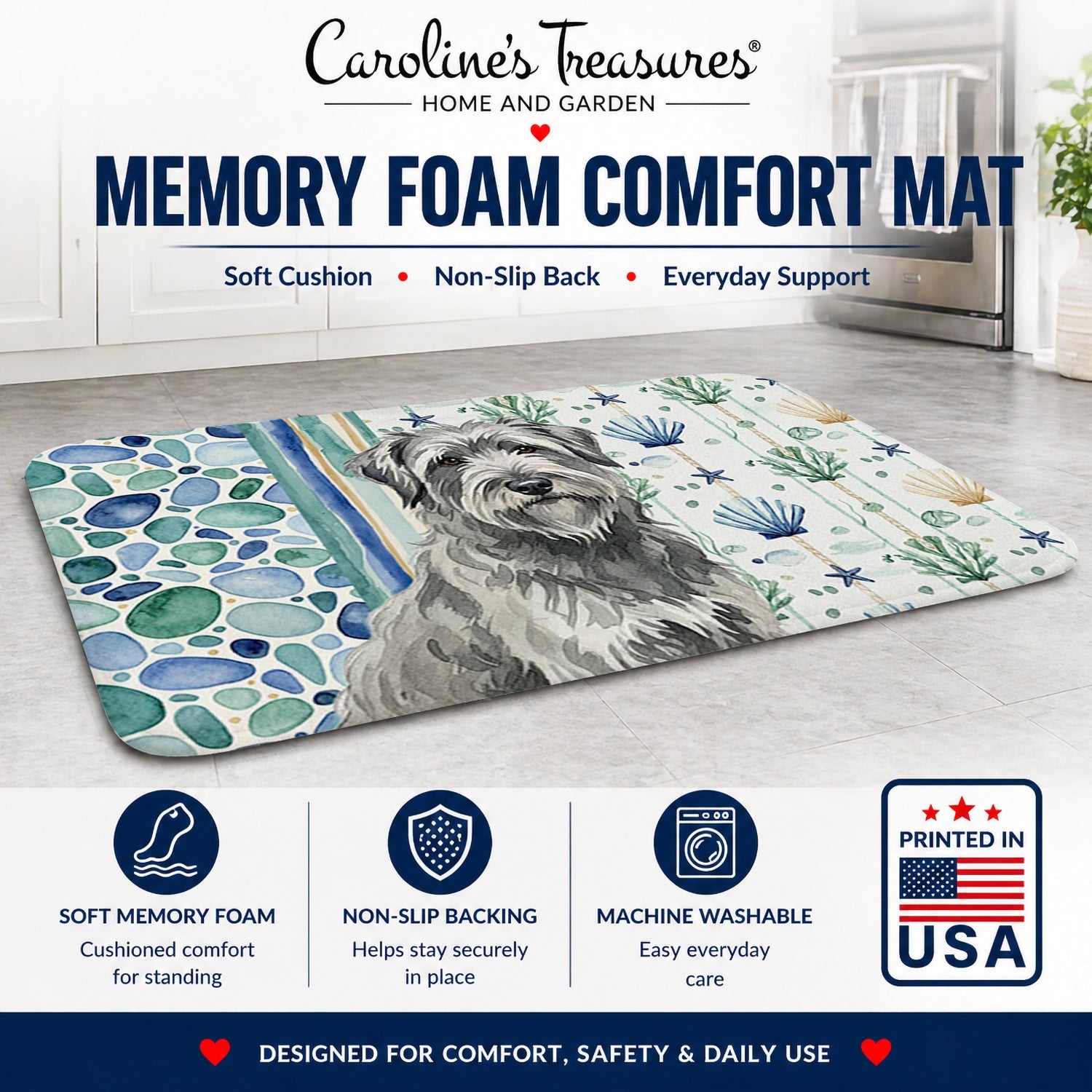 Gray Briard Coastal Sea Glass Memory Foam Kitchen Mat Machine Washable Anti-Fatigue Cushion Comfort Bath or Kitchen Rug