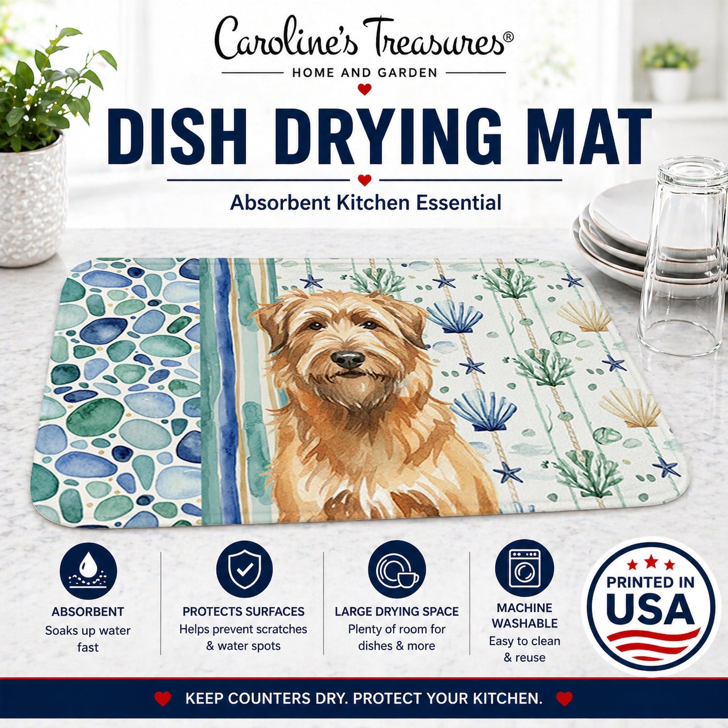 Tawny Briard Coastal Sea Glass Dish Drying Mat Absorbent Dish Drying Mat Pad for Kitchen Counter Dish Drainer Mat for Countertop, 14 x 21", Multicolor