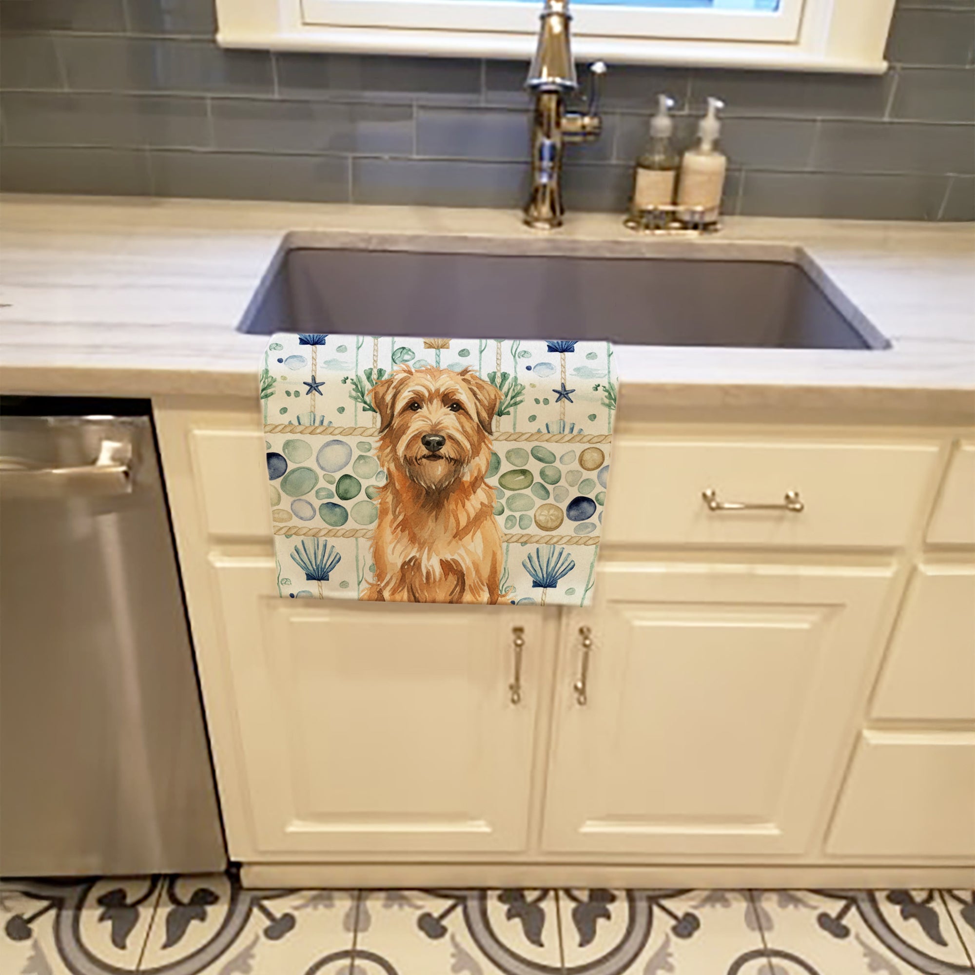Tawny Briard Coastal Sea Glass Kitchen Towel Velour Plush Front and Cotton Loop Back Machine Washable
