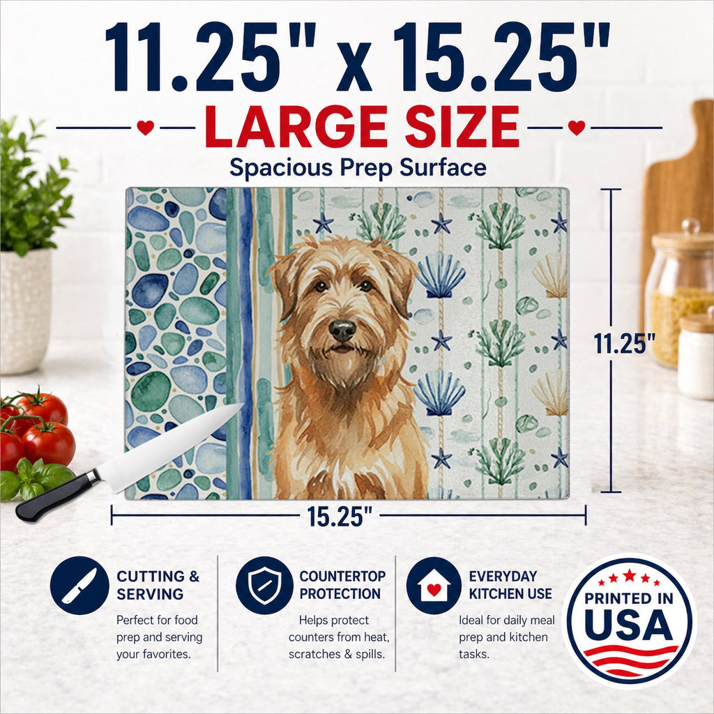 Tawny Briard Coastal Sea Glass Cutting Board Tempered Glass Kitchen Cutting Surface, Heat Resistant Chopping, Non-Slip Feet, Food Prep & Serving
