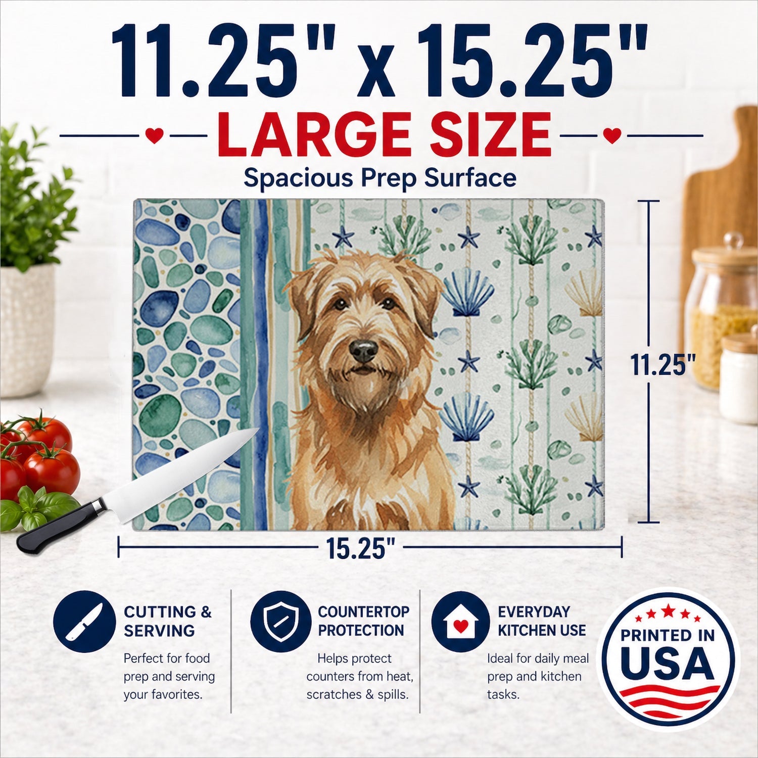 Tawny Briard Coastal Sea Glass Cutting Board Tempered Glass Kitchen Cutting Surface, Heat Resistant Chopping, Non-Slip Feet, Food Prep & Serving