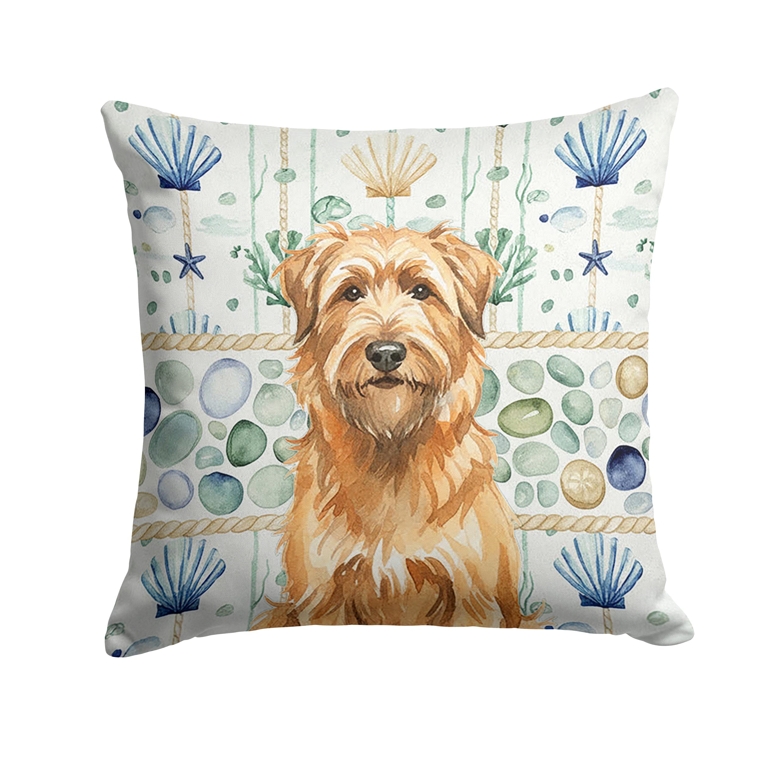 Tawny Briard Coastal Sea Glass Decorative Throw Pillow 14x14 Indoor Outdoor Accent Cushion, Fabric Cover with Insert for Sofa, Bed, Porch & Living Room