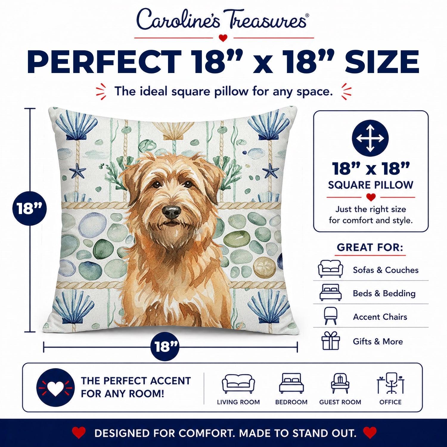 Tawny Briard Coastal Sea Glass Decorative Throw Pillow 18x18 Indoor Outdoor Accent Cushion, Fabric Cover with Insert for Sofa, Bed, Porch & Living Room